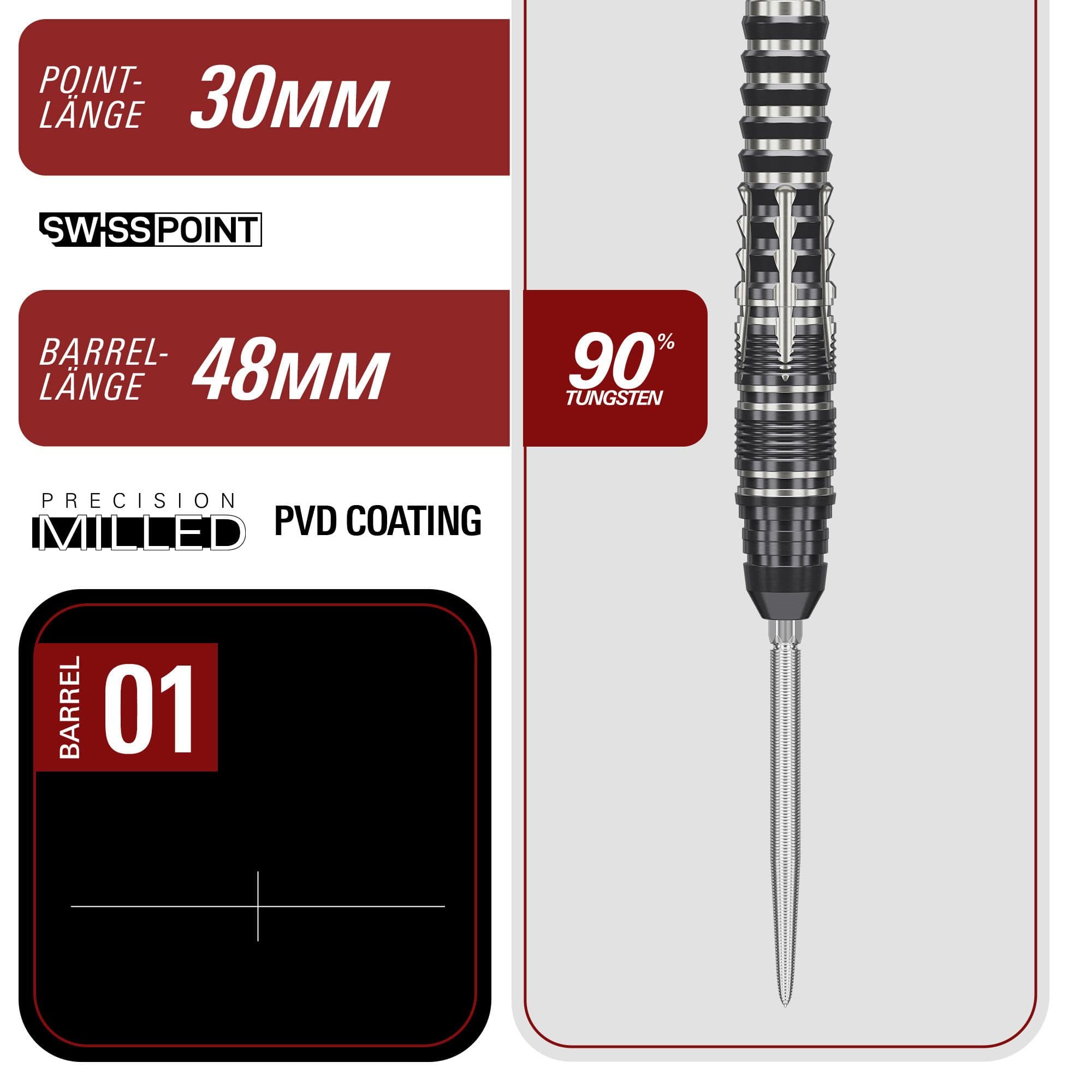 Fléchettes en acier Target Japan Black Marque Blaze Swiss Point - 23 g Das Bild zeigt die Target Japan Black Marque Blaze Swiss Point Steeldarts - 23g. Schwarze Steeldarts mit moderner Optik und hoher Qualität.