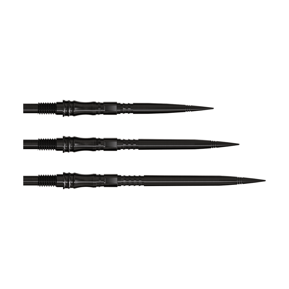 Dartspitzen der Apex Axis Black Elite Serie werden gezeigt. Die Spitzen sind dunkel und fein gefertigt.