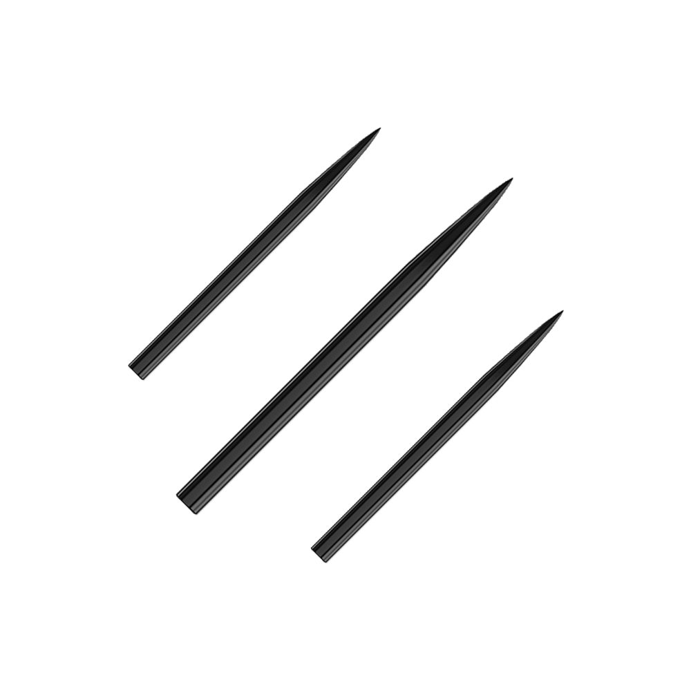 Pointes de fléchettes en acier Harrows - noires Auf dem Bild sind drei schwarze Stahlspitzen für Darts zu sehen. Sie sind in einer diagonalen Linie angeordnet und haben eine spitze Form.