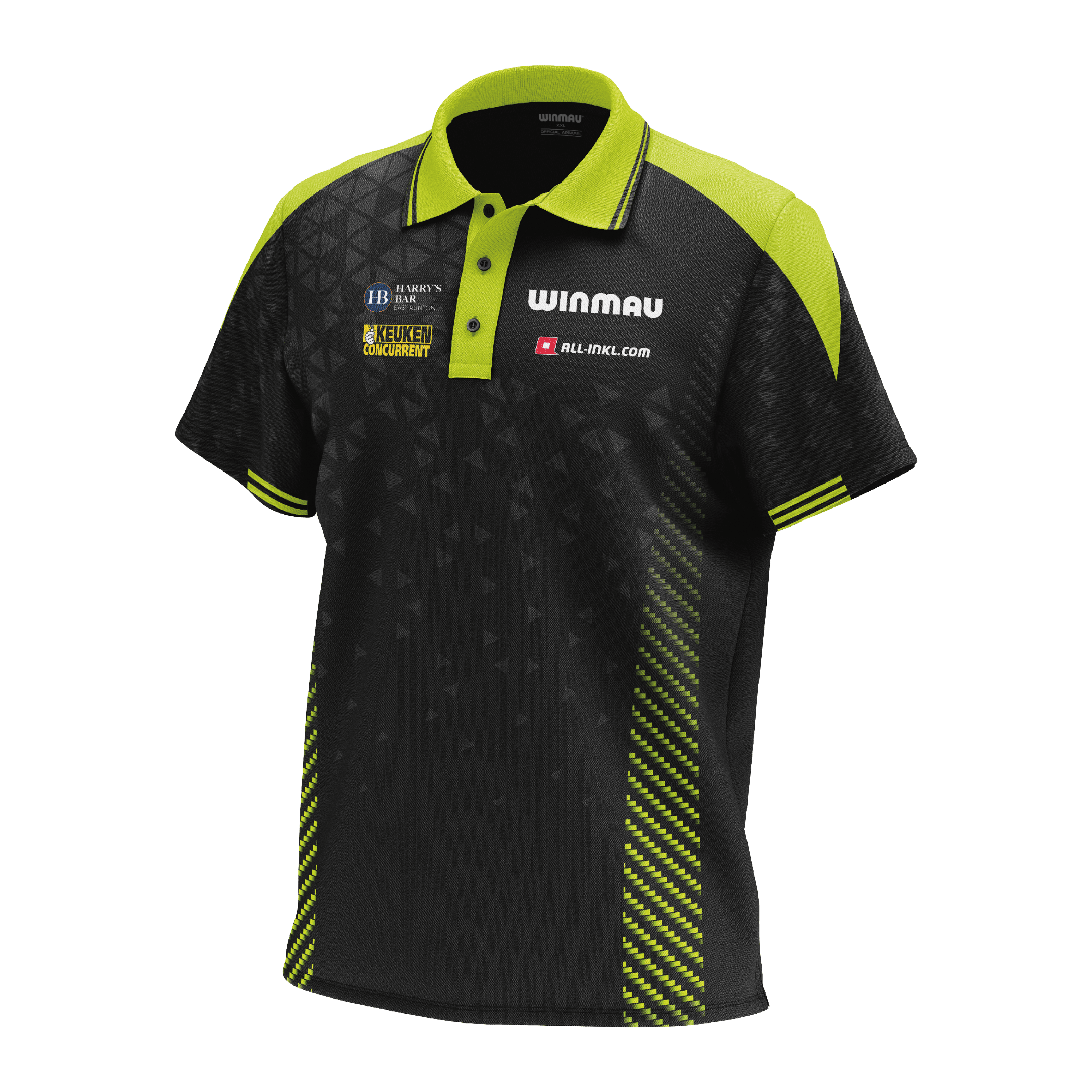 Polo Winmau Michael Van Gerwen Stage Das Bild zeigt das Winmau Michael Van Gerwen Stage Poloshirt. Es handelt sich um ein offizielles Poloshirt für Fans von Michael Van Gerwen.