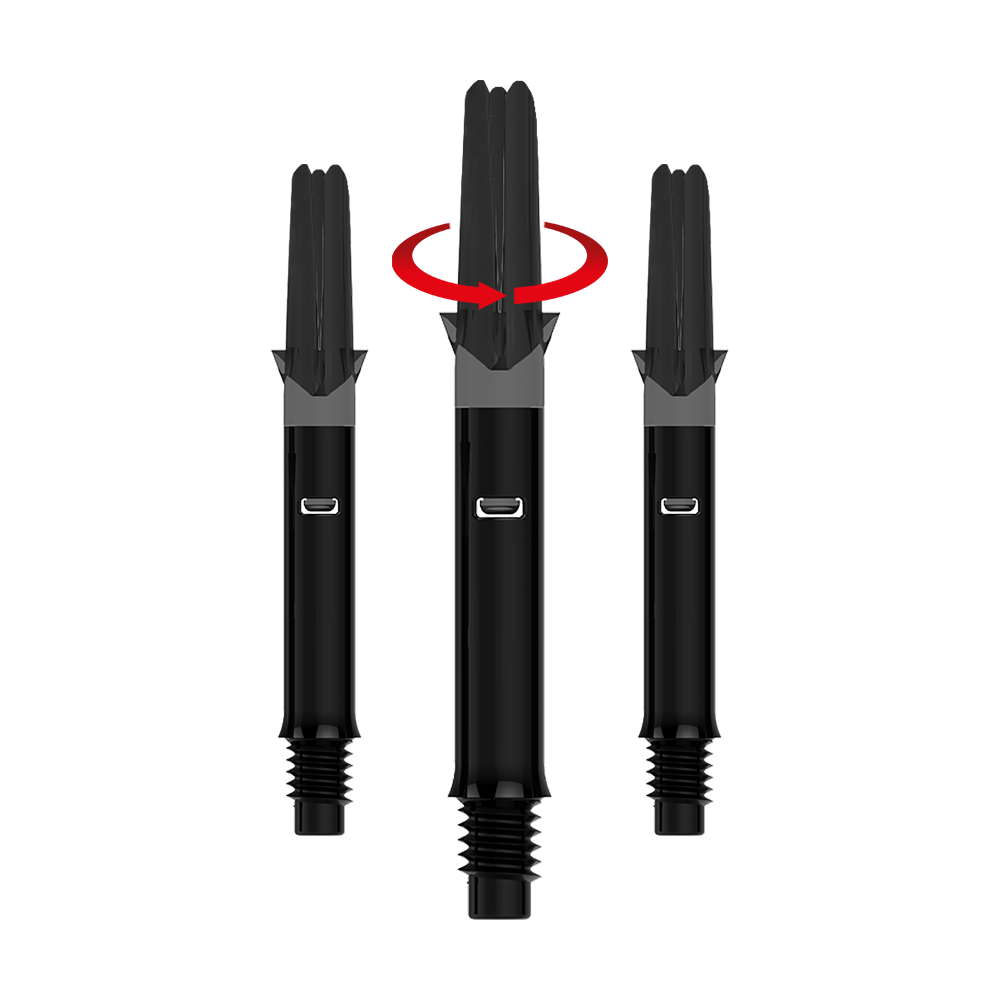 Arbres en L Silent Straight - Noir Das Bild zeigt drei schwarze Dartshafts ohne Kappen. Über dem mittleren Shaft befindet sich ein roter Pfeil, der eine Drehbewegung anzeigt.