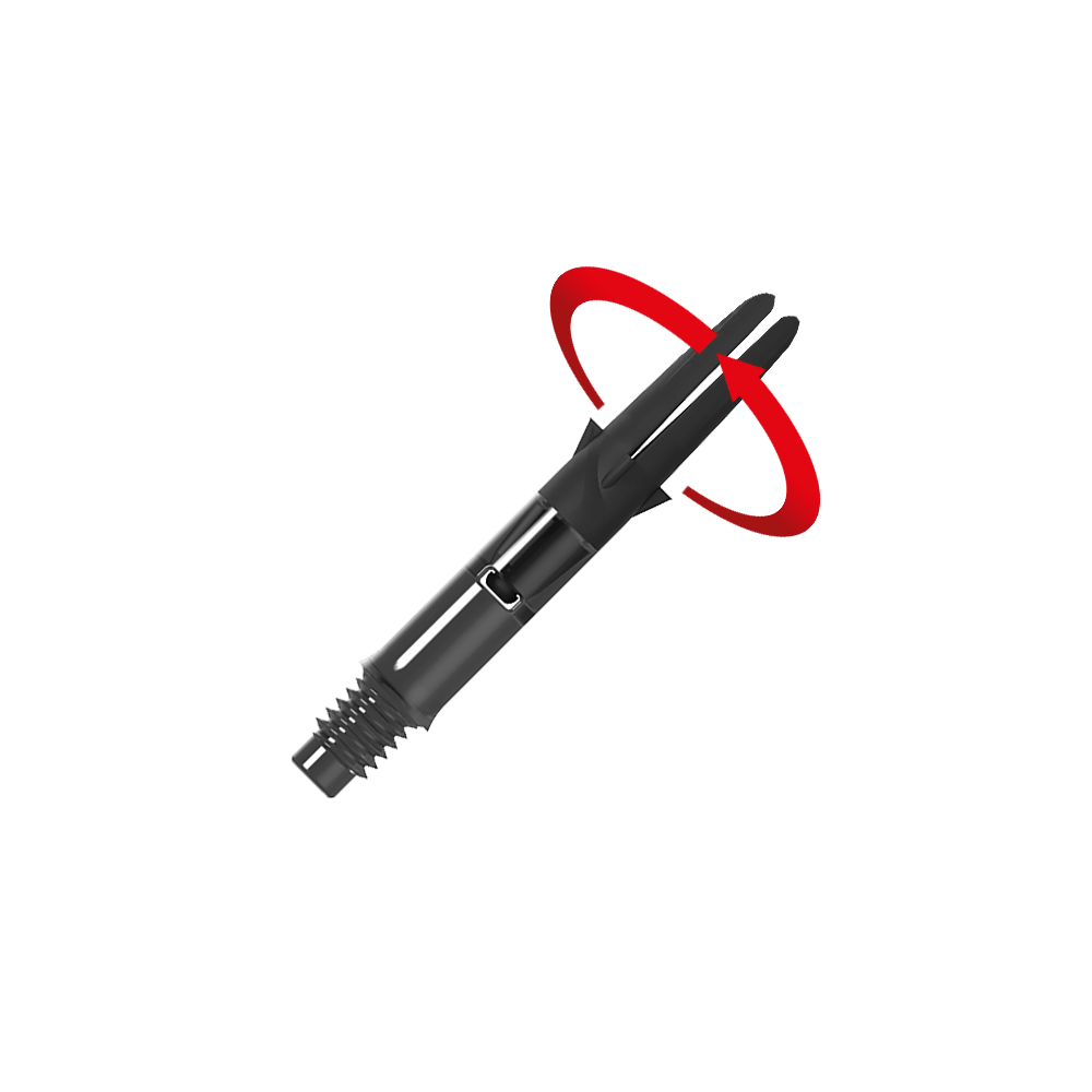 Tige de direction en L en carbone Silent Straight - Noir Das Bild zeigt einen schwarzen Dart-Schaft aus Carbon. Ein roter Pfeil deutet eine Drehbewegung auf den oberen Teil des Schafts an.