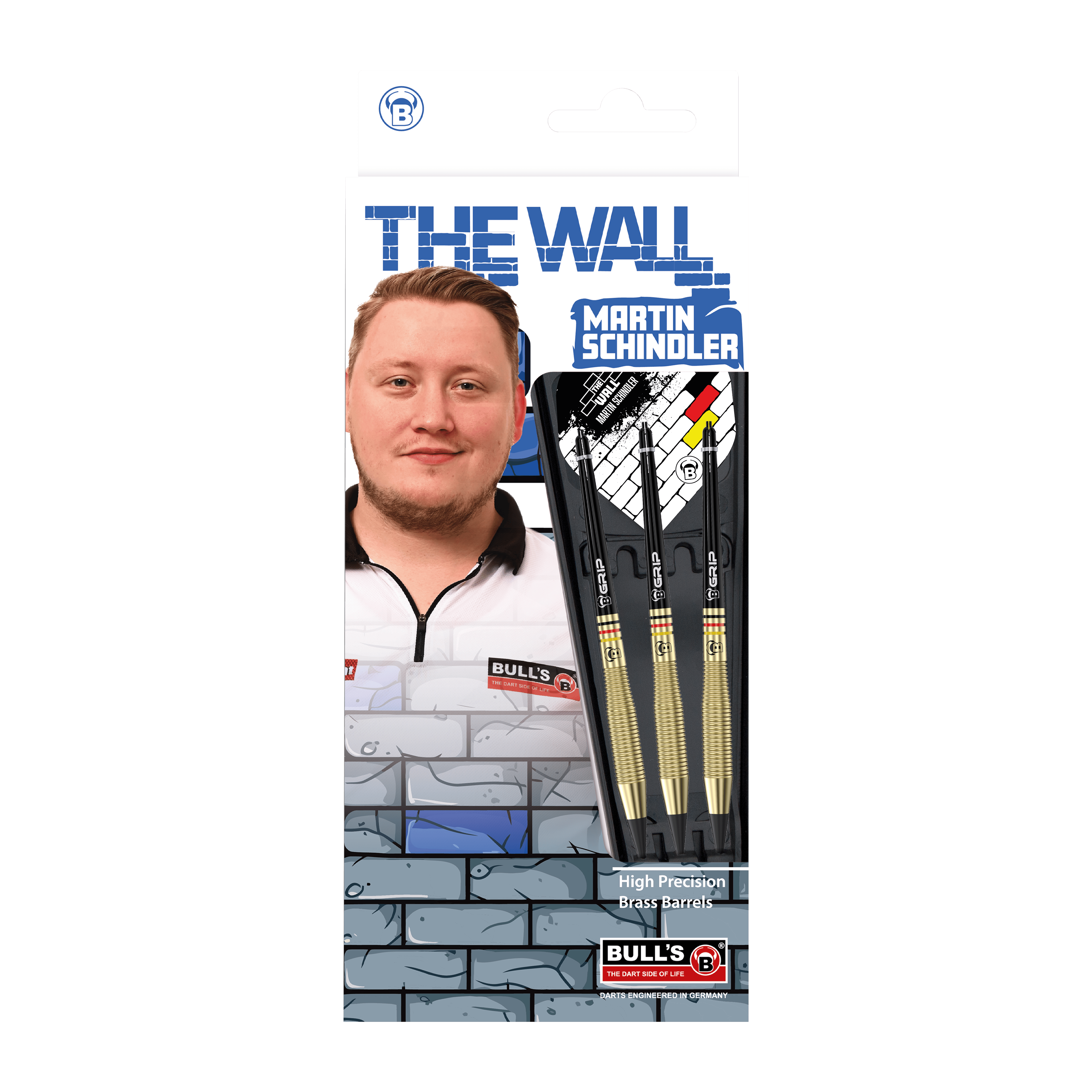 Das Bild zeigt die Verpackung der "Bulls Martin Schindler The Wall Brass Softdarts - 18g". Auf der Verpackung ist ein Foto von Martin Schindler sowie drei Softdarts mit Messing-Barrels abgebildet.