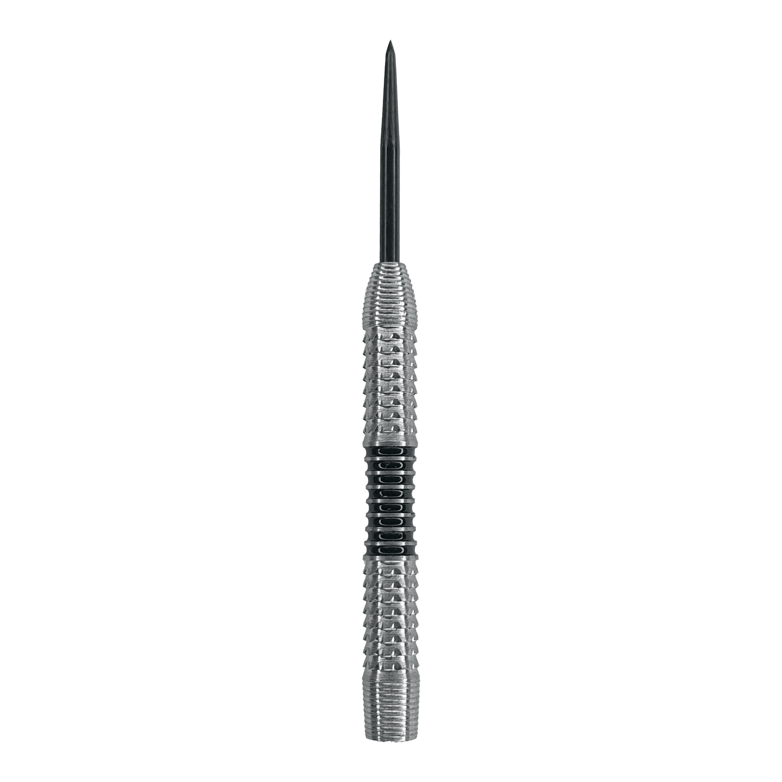 Corps de fléchettes en acier McDart Black Stripe 2 - 22 g Das Bild zeigt einen silbernen Steeldart-Barrel mit einer schwarzen Griffzone in der Mitte. Es handelt sich um das Produkt "McDart Black Stripe 2 Steeldart-Barrels - 22g".
