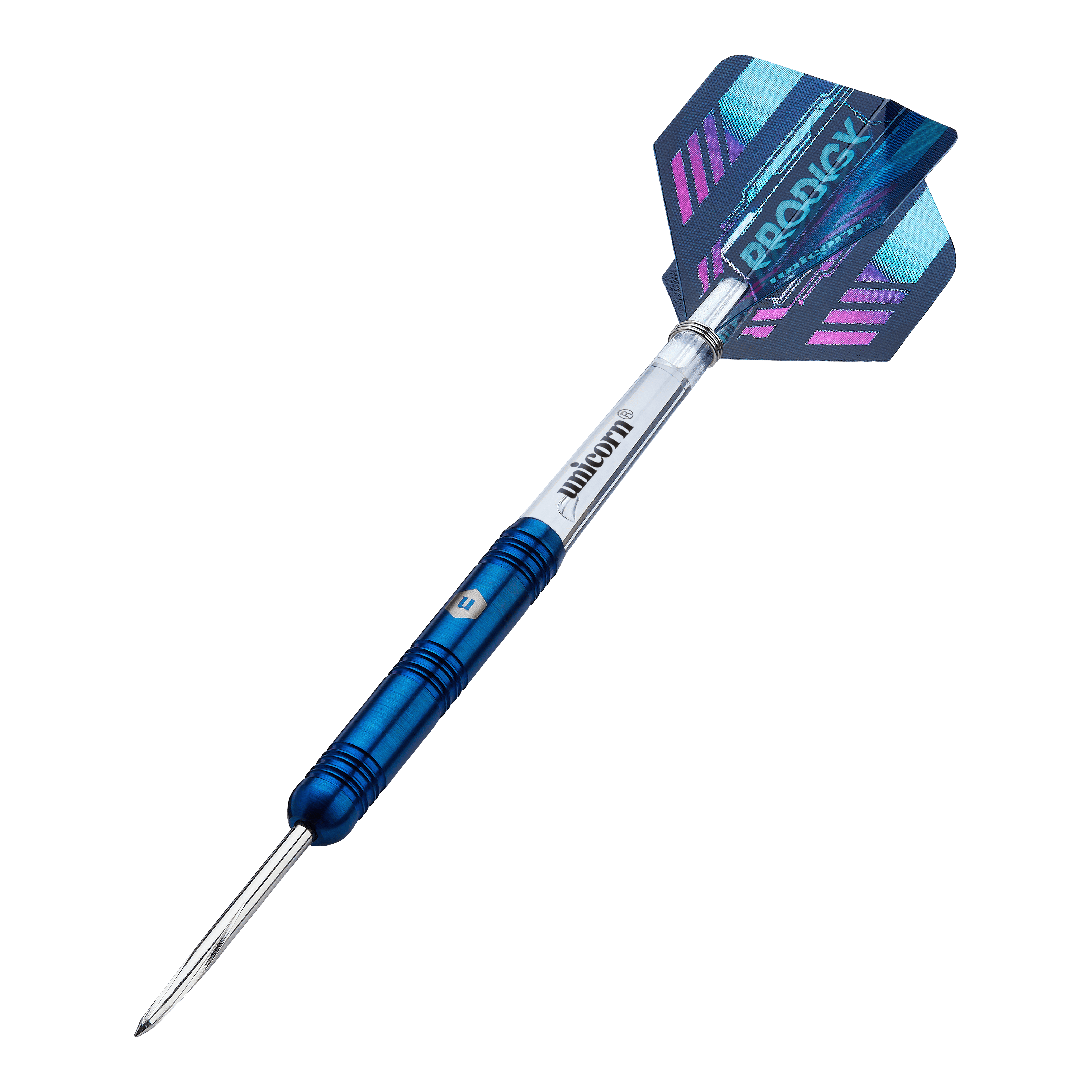 Fléchettes en acier parallèles Unicorn Prodigy 01 Dieses Bild zeigt einen Unicorn Prodigy 01 Parallel Steeldart. Der Dartpfeil hat einen blauen Schaft und eine bunte Flight mit dem Aufdruck "Prodigy".