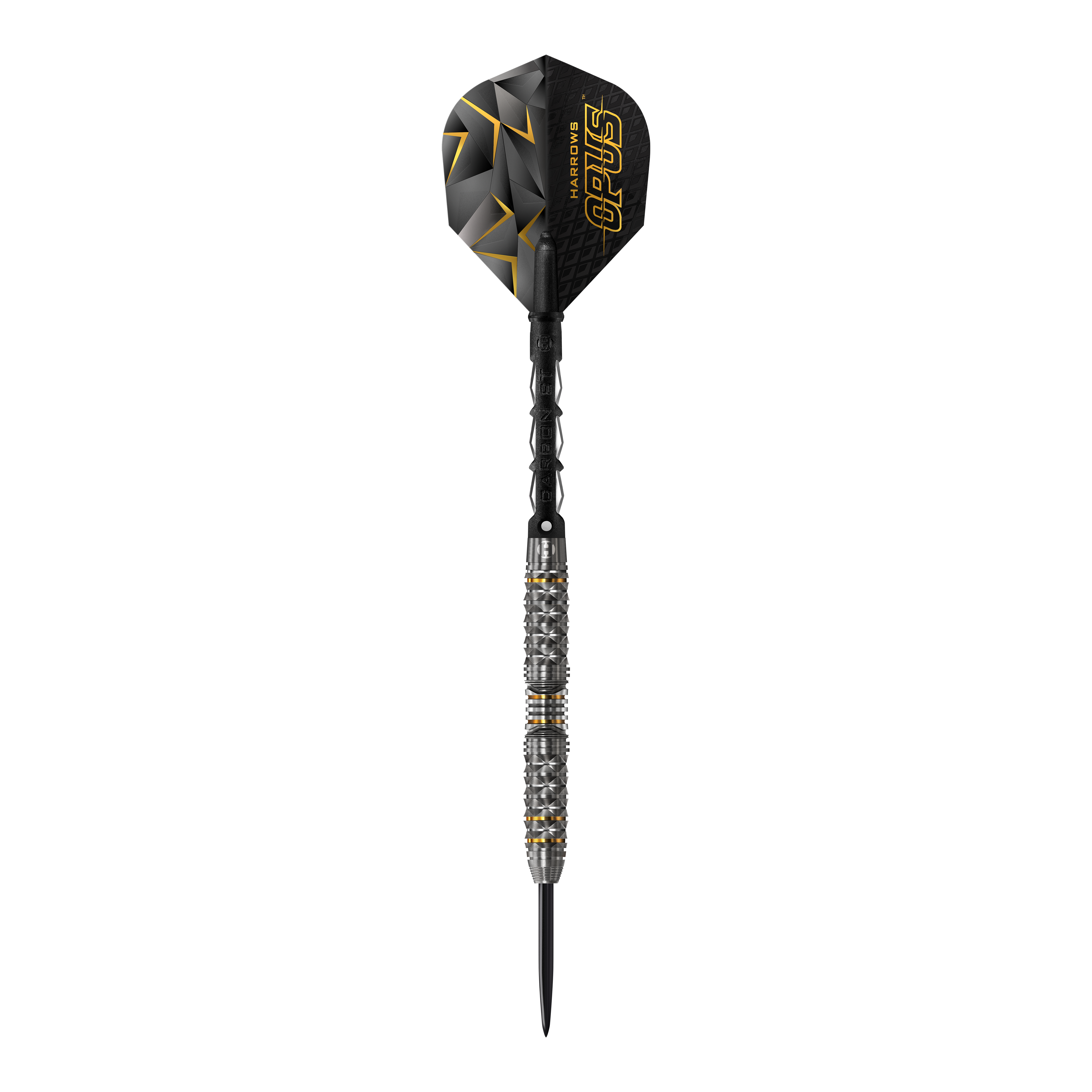 Fléchettes en acier Harrows Opus Das Bild zeigt einen Harrows Opus Steeldart. Der Dartpfeil ist schwarz mit silbernen und goldenen Akzenten und hat eine strukturierte Oberfläche.