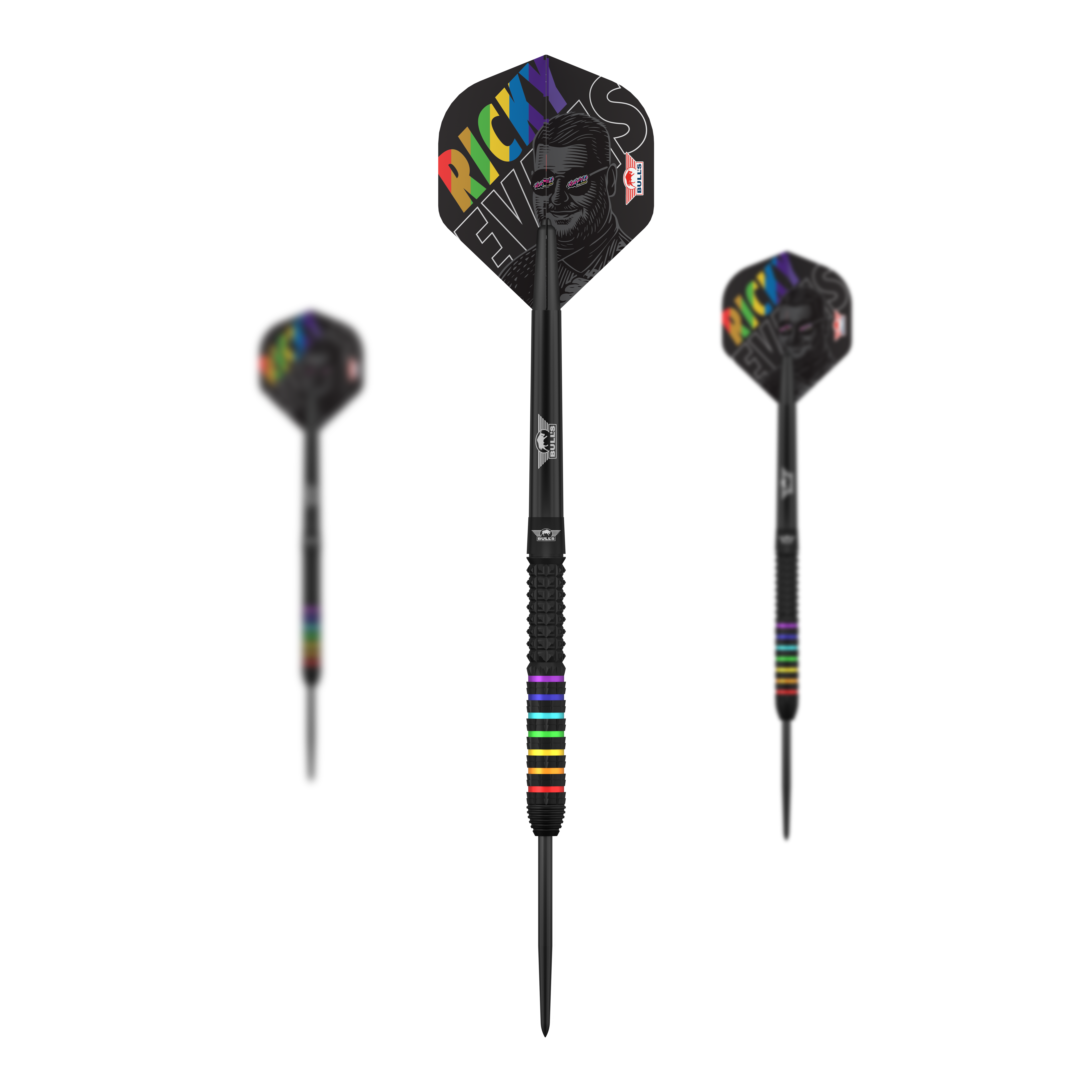 Fléchettes en acier Rapid 95 de Ricky Evans (Bulls NL) Hier sieht man das Set Bulls NL Ricky Evans Rapid 95 Steeldarts mit 23g. Mehrere Darts sind als Set zusammen abgebildet.
