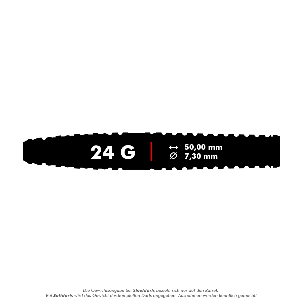Target Japan Paul Lim The Legend GEN8 Swiss Point Steeldarts - 24 g Das Bild zeigt die Produktinformationen für "Target Japan Paul Lim The Legend GEN8 Swiss Point Steeldarts - 24g". Die Darts wiegen 24 Gramm, sind 50,00 mm lang und haben einen Durchmesser von 7,30 mm.