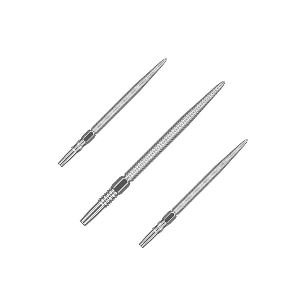 Pointes de fléchettes Target Swiss Point Nano - Argent Das Bild zeigt drei silberne Dartspitzen in einer Reihe. Jede Spitze ist schlank und hat ein feines Gewinde am unteren Ende.