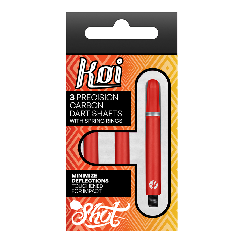 Die Verpackung zeigt drei präzise Koi Carbon-Dartschäfte in Rot. Sie sind für minimale Ablenkung und hohe Schlagfestigkeit ausgelegt.