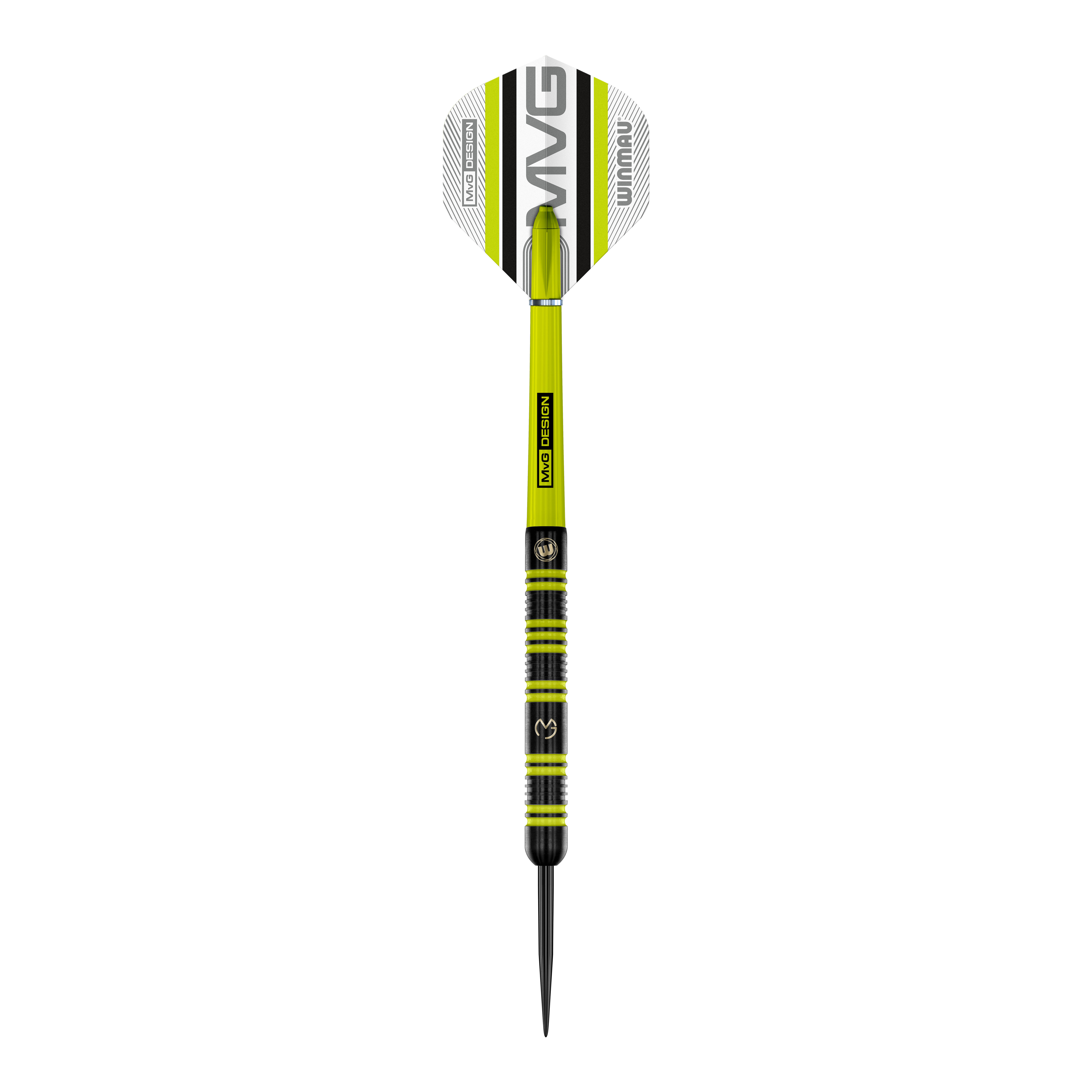 Fléchettes en acier Winmau Michael Van Gerwen 85 Pro-Series Auf dem Bild ist ein Winmau Michael Van Gerwen 85 Pro-Series Steeldart zu sehen. Der Dart hat ein modernes Design mit grünen und schwarzen Akzenten sowie der Aufschrift „MVG DESIGN“ auf dem Schaft.