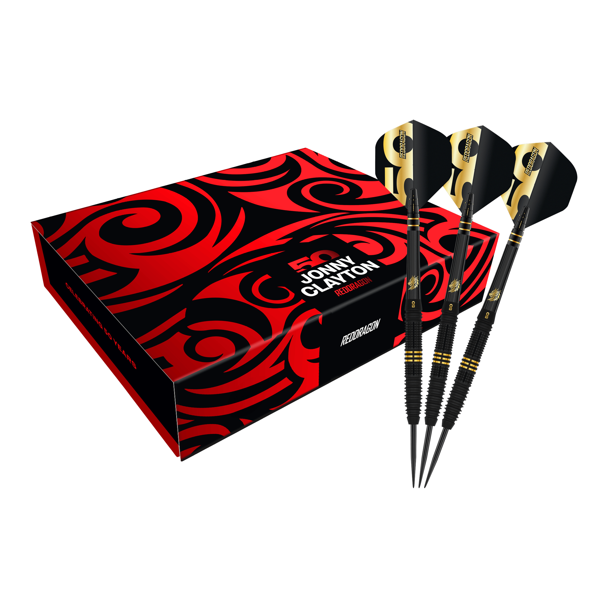 Hier sind die Red Dragon Jonny Clayton 50 Years Player Limited Edition Steeldarts zu sehen. Das Set feiert das 50-jährige Spielerjubiläum von Jonny Clayton.