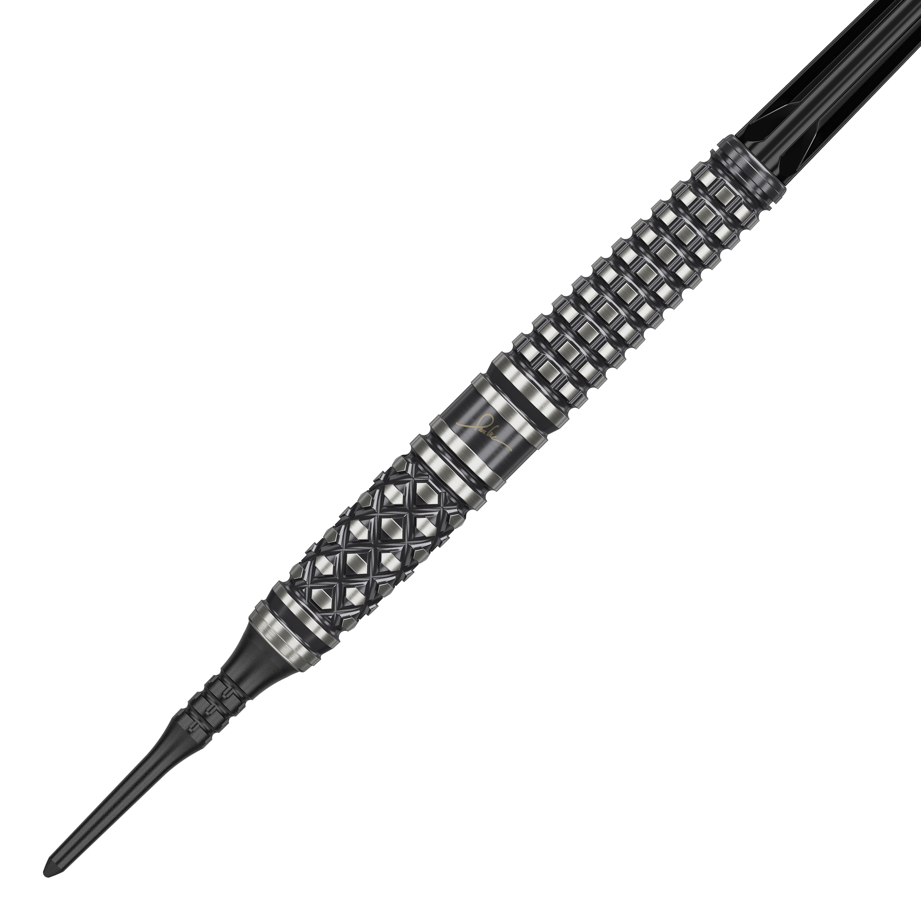 Target Japan Paul Lim The Legend GEN8 Fléchettes souples - 19 g Das Bild zeigt einen "Target Japan Paul Lim The Legend GEN8 Softdart" mit 19g Gewicht. Der Dart hat ein markantes, schwarzes Design mit silbernen Rillen und einem strukturierten Griff.