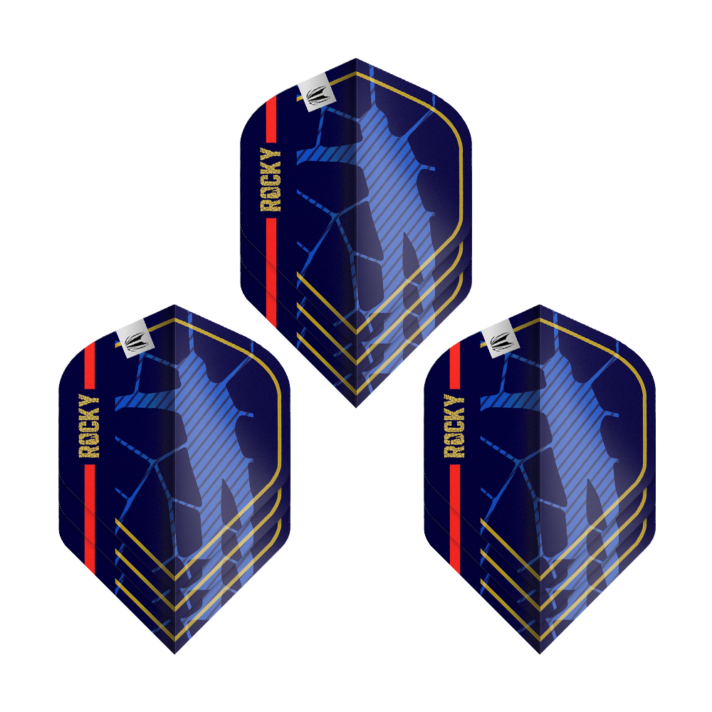 Ailettes standard Target Pro Ultra Josh Rock GEN1 n°2 - 3 jeux Das Bild zeigt drei Sätze der Target Pro Ultra Josh Rock GEN1 No2 Standard Flights. Die Flights sind dunkelblau mit goldenen, roten und blauen Akzenten sowie dem Schriftzug "ROCKY".
