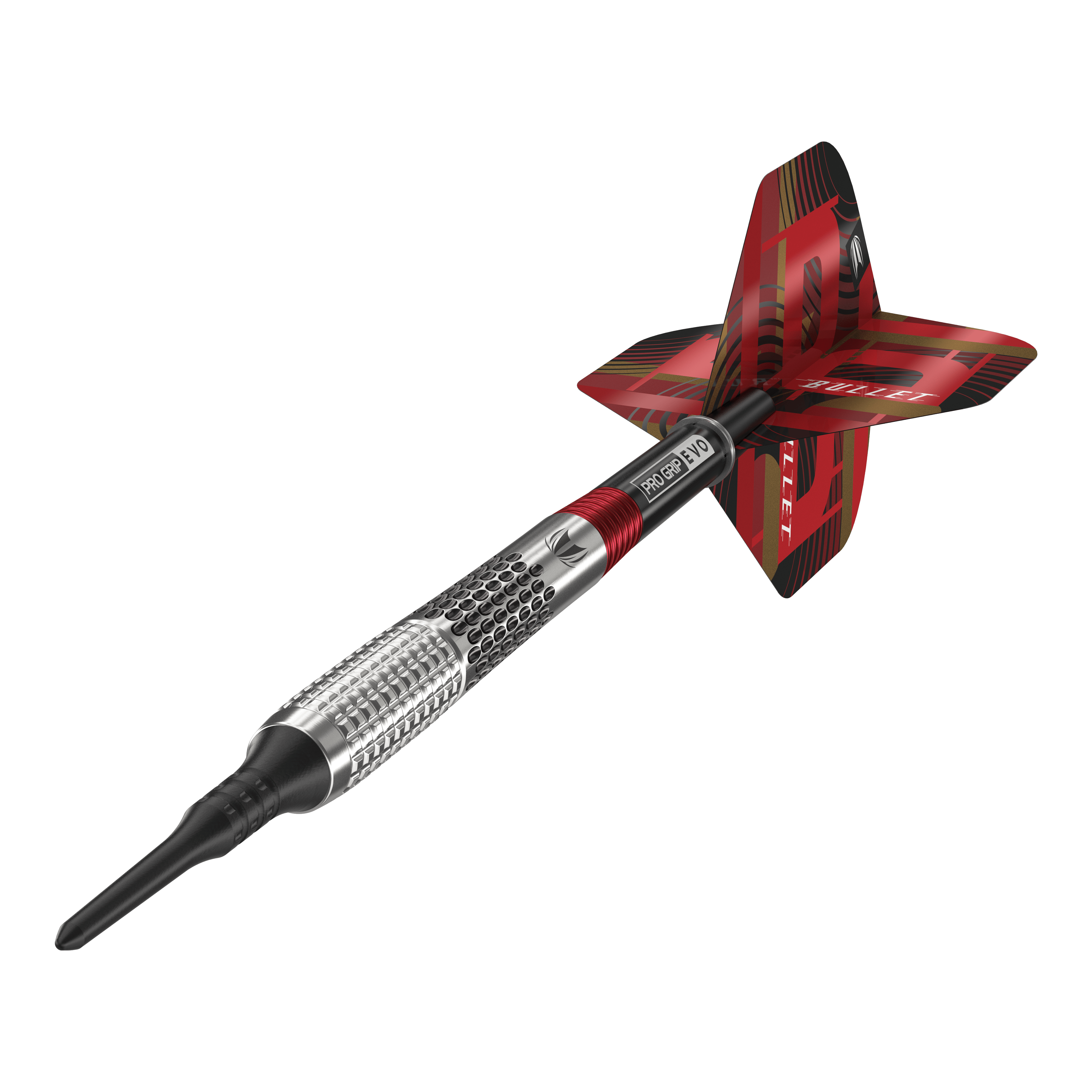 Fléchettes souples Target Stephen Bunting GEN5 - 18 g Das Bild zeigt einen Target Stephen Bunting GEN5 Softdart mit einem Gewicht von 18g. Der Dartpfeil hat ein silbernes Griffstück mit roten und schwarzen Akzenten sowie einer auffälligen roten Flights.