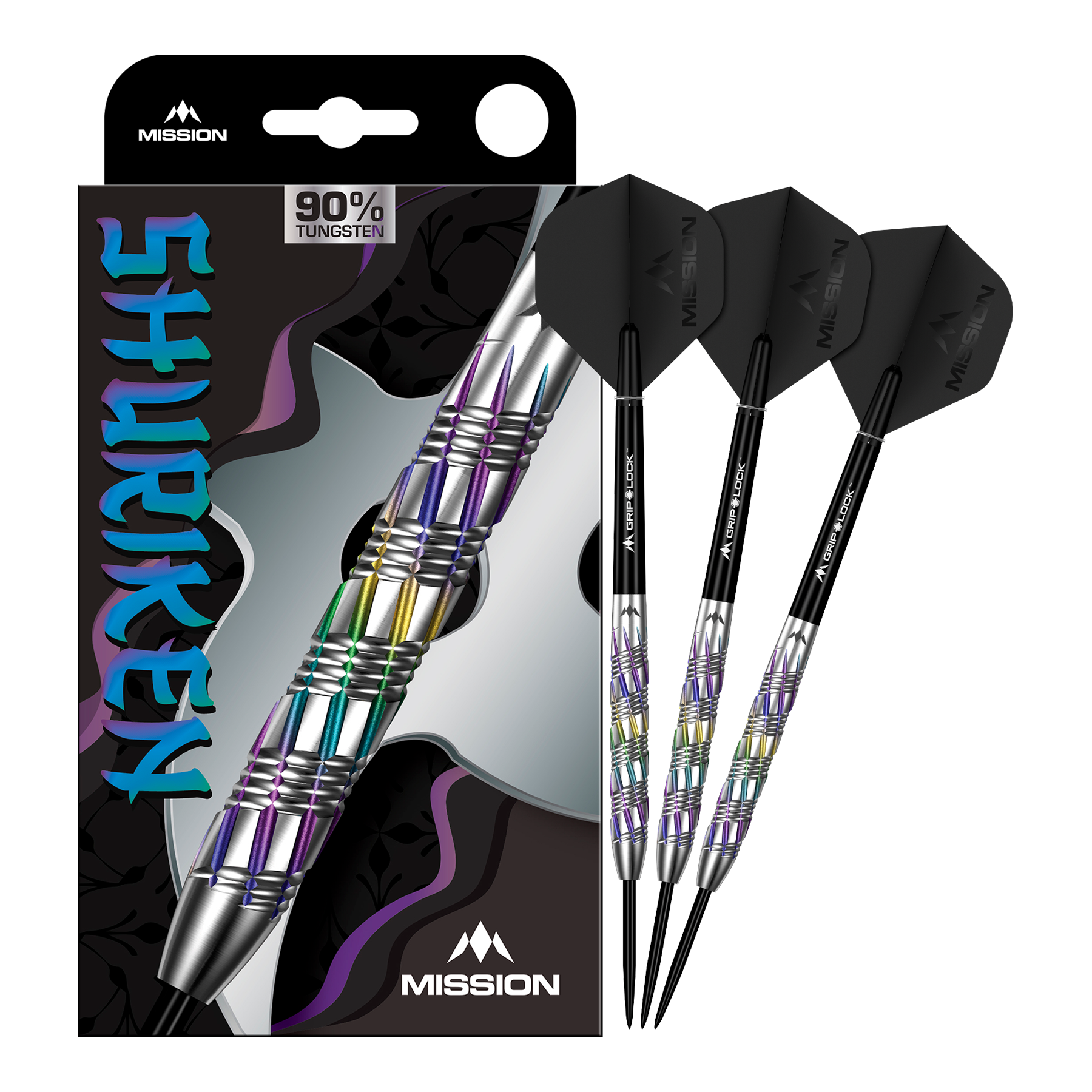 Mission Shuriken Steeldarts sind professionelle Steeldarts. Das Bild zeigt das vollständige Set der Mission Shuriken Steeldarts.