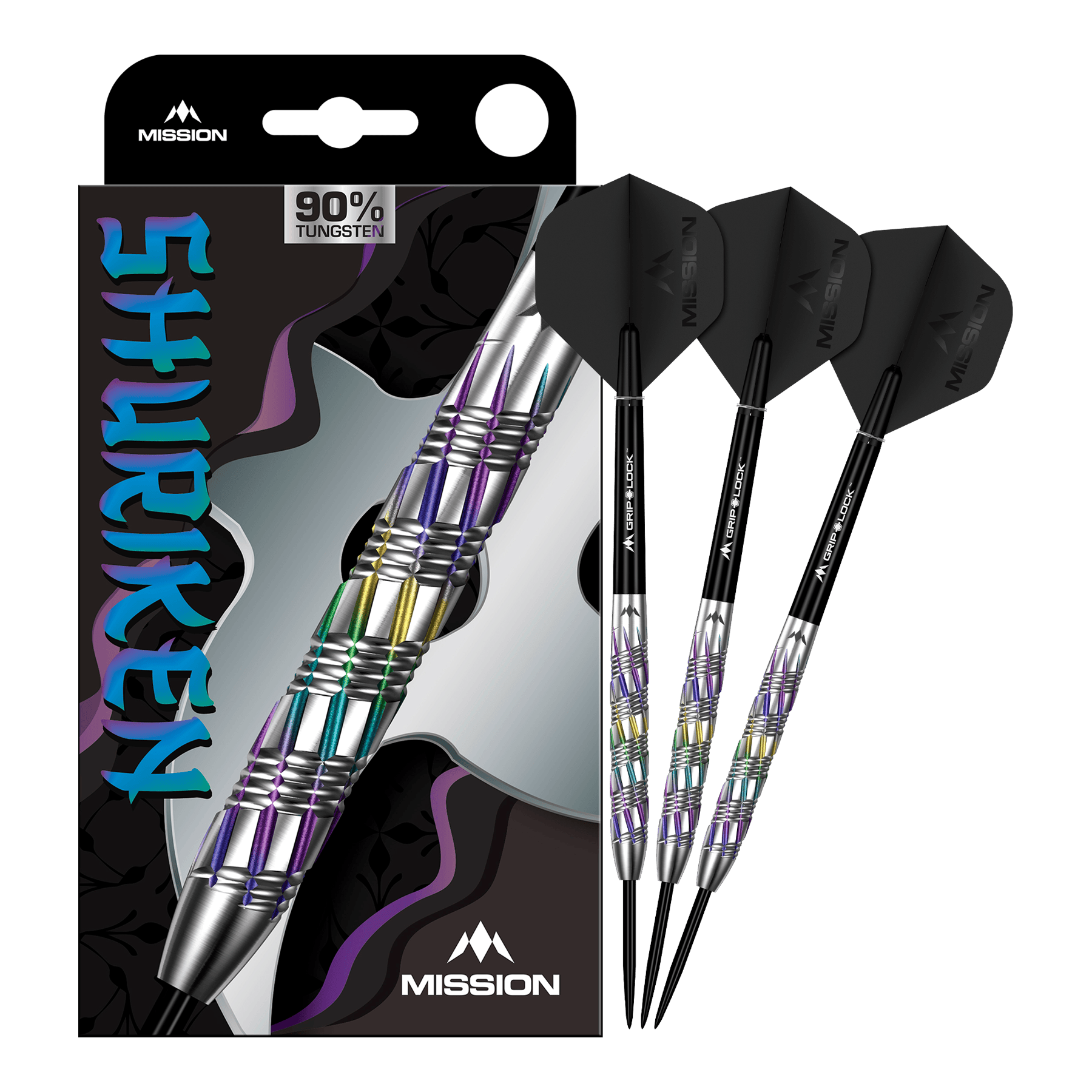 Fléchettes en acier Mission Shuriken Mission Shuriken Steeldarts sind professionelle Steeldarts. Das Bild zeigt das vollständige Set der Mission Shuriken Steeldarts.