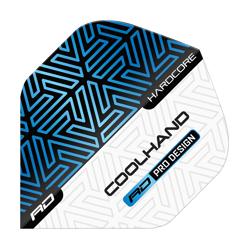 Vols Red Dragon Hardcore Luke Humphries Bleu Blanc Premium Standard Das Bild zeigt ein Dartflight in Blau, Schwarz und Weiß mit geometrischem Muster. Auf dem Flight stehen die Wörter „HARDCORE“, „COOLHAND“ und „RD PRO DESIGN“.