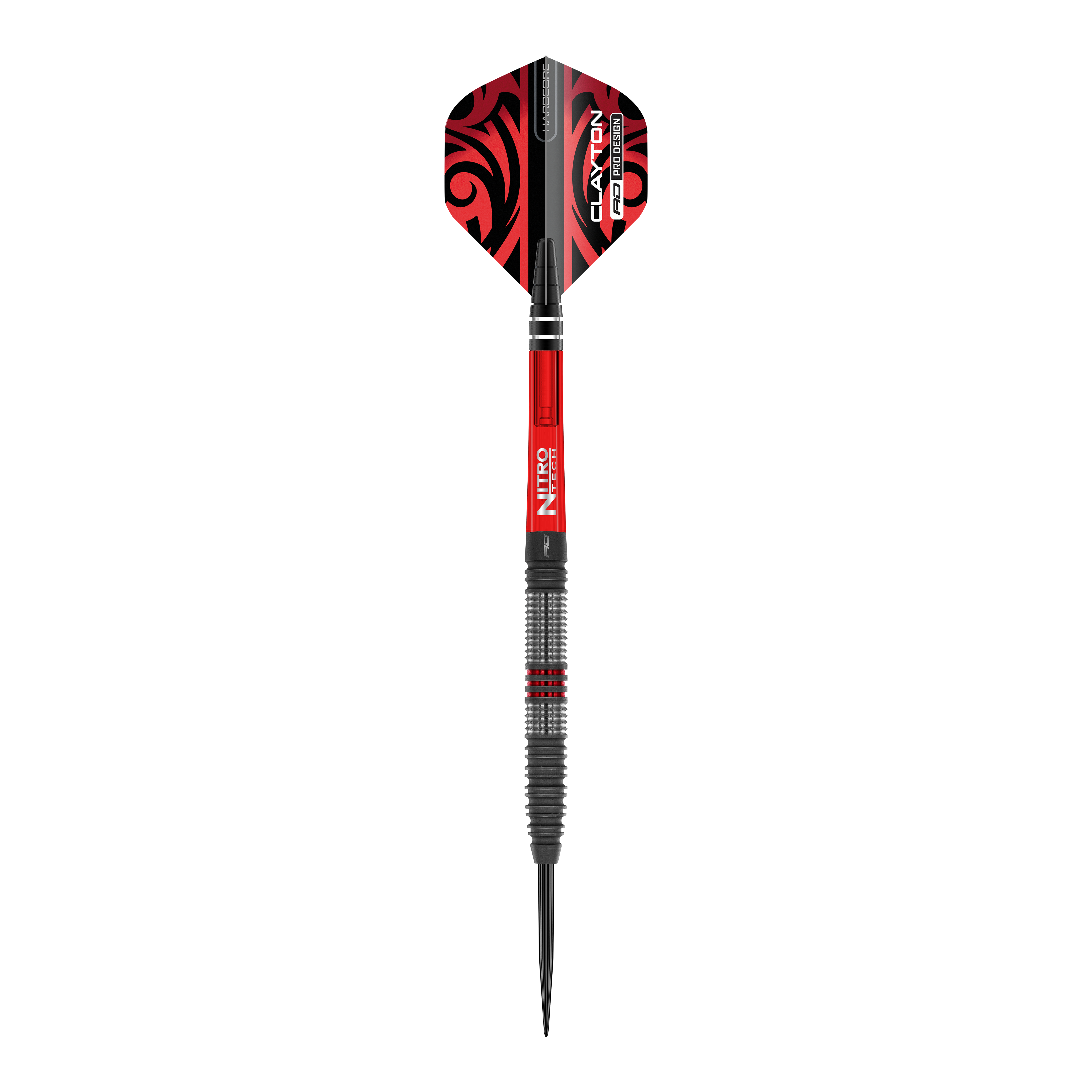 Fléchettes en acier Red Dragon Jonny Clayton Hiraeth Das Bild zeigt einen Red Dragon Jonny Clayton Hiraeth Steeldart. Der Dart ist in Schwarz und Rot gehalten und hat auffällige Muster auf den Flights.
