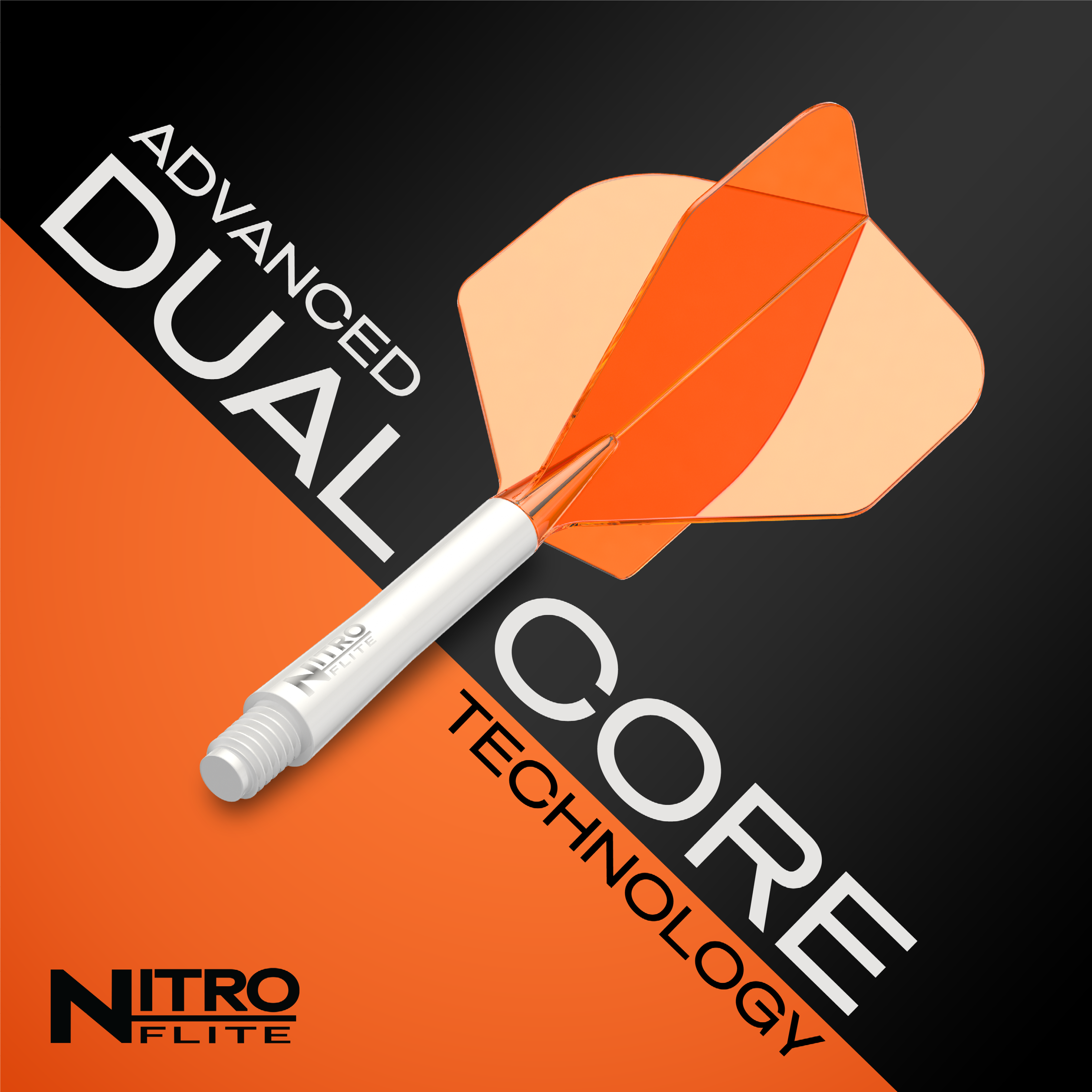 Ailettes Red Dragon Nitroflite à tige blanche et ailettes orange n° 2 Gezeigt wird das Produkt Red Dragon Nitroflite White Shaft Orange Flights No2. Es handelt sich um einen weißen Dart-Schaft mit orangefarbenen Flights.