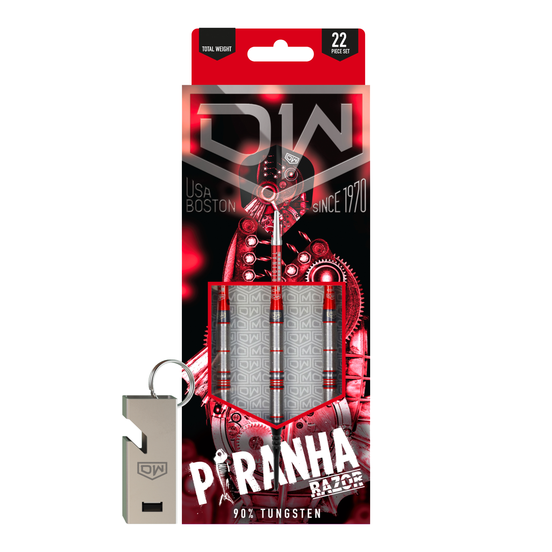 Fléchettes souples DW Piranha Razor 02 Das Bild zeigt die Verpackung der DW Piranha Razor 02 Softdarts. Die Verpackung ist überwiegend schwarz und rot gestaltet und enthält drei Darts sowie ein Zubehörteil.