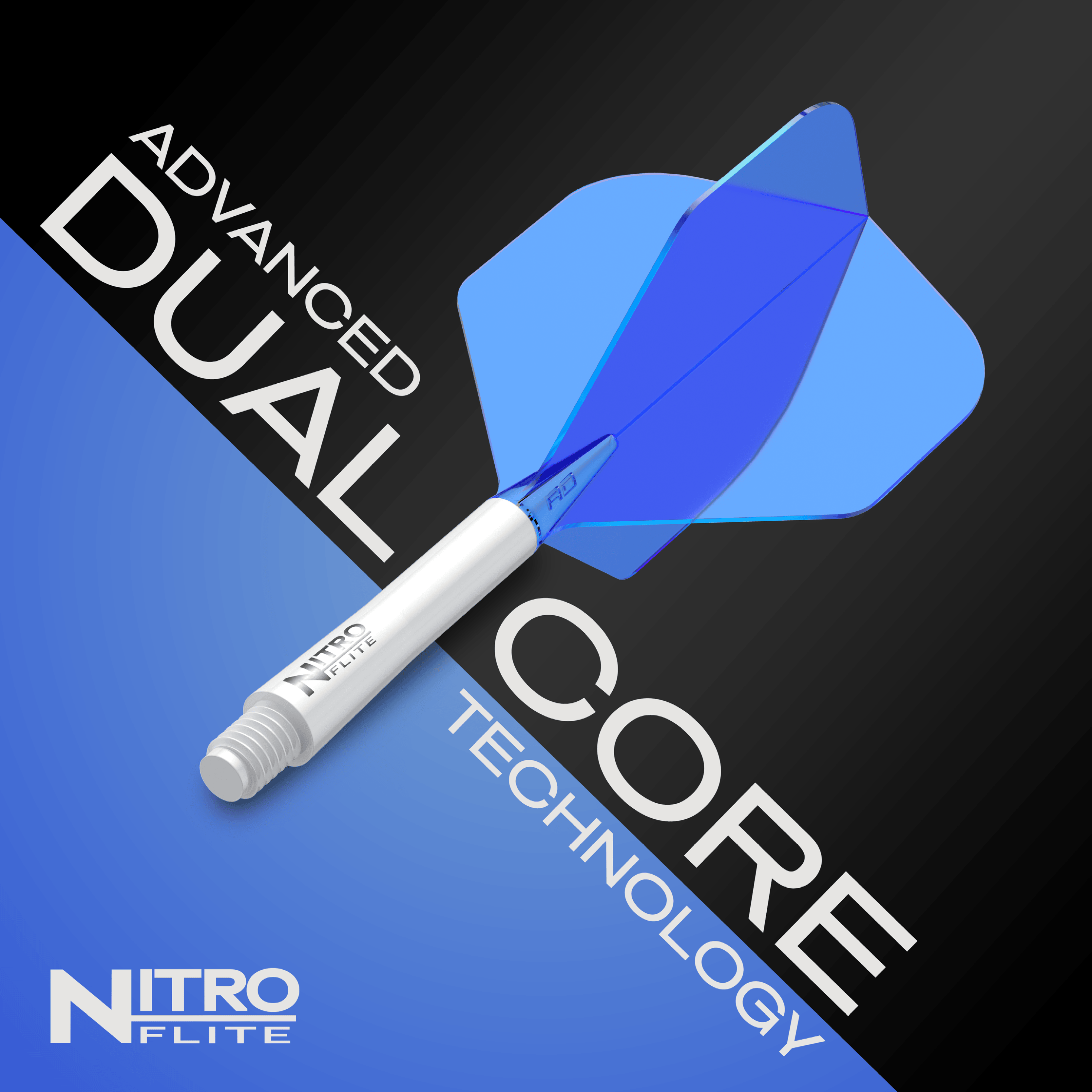 Red Dragon Nitroflite - Tige blanche Ailettes bleues n°2 Das Bild zeigt das Produkt "Red Dragon Nitroflite - White Shaft Blue No2 Flights" mit einem weißen Schaft und blauen Flügeln. Im Hintergrund steht „Advanced Dual Core Technology“ und das Nitroflite-Logo ist unten links zu sehen.