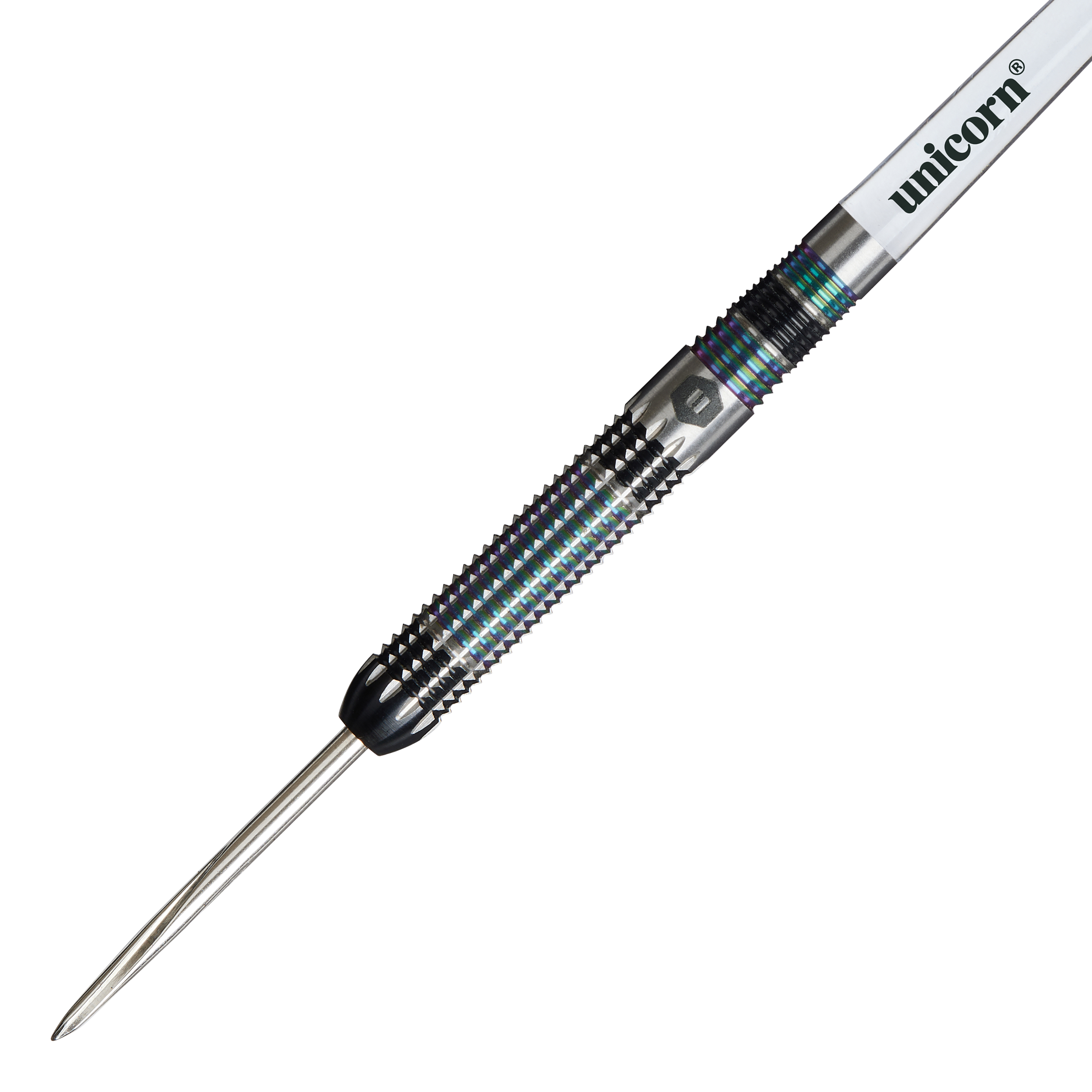Fléchettes en acier Unicorn Iris Das Bild zeigt einen Unicorn Iris Steeldart mit einer spitzen Metallspitze und einem geriffelten Griff. Auf dem Schaft steht der Markenname "unicorn".