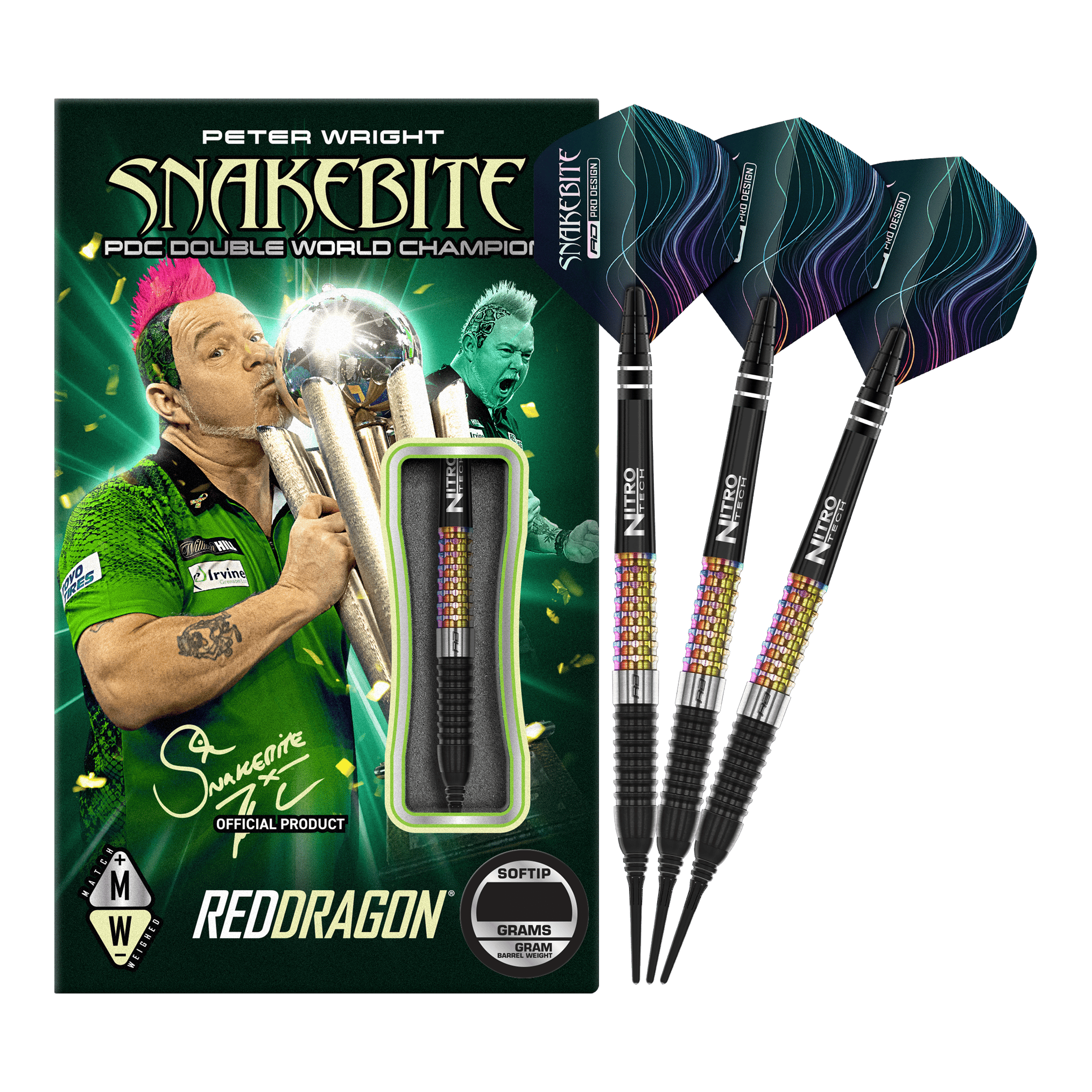 Fléchettes souples Red Dragon Peter Wright Corra - 18 g Das Bild zeigt das Produkt "Red Dragon Peter Wright Corra Softdarts - 18g" mit einer farbenfrohen Verpackung. Drei Softdarts mit buntem Griff und schwarzen Spitzen sind daneben abgebildet.