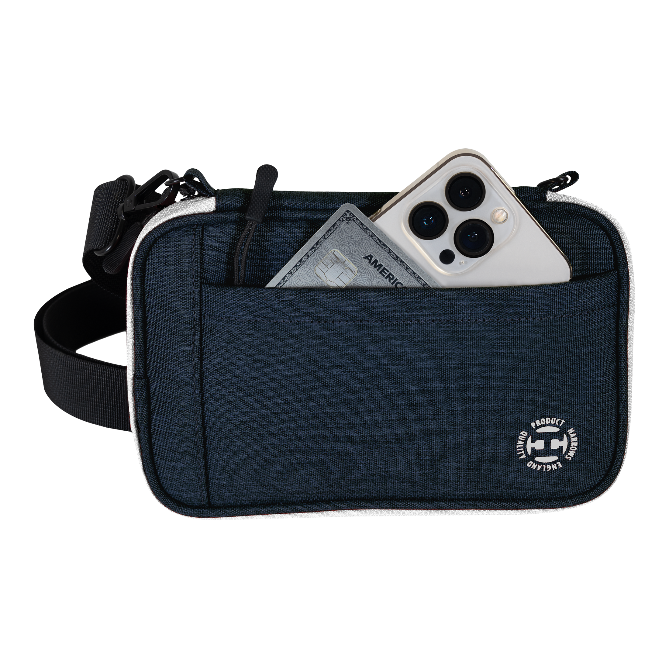 Portefeuille à fléchettes Harrows Smart Case XL Eine blaue Tasche mit Vorderfach enthält ein Smartphone und eine Kreditkarte. Am unteren Rand der Tasche befindet sich ein rundes weißes Logo.