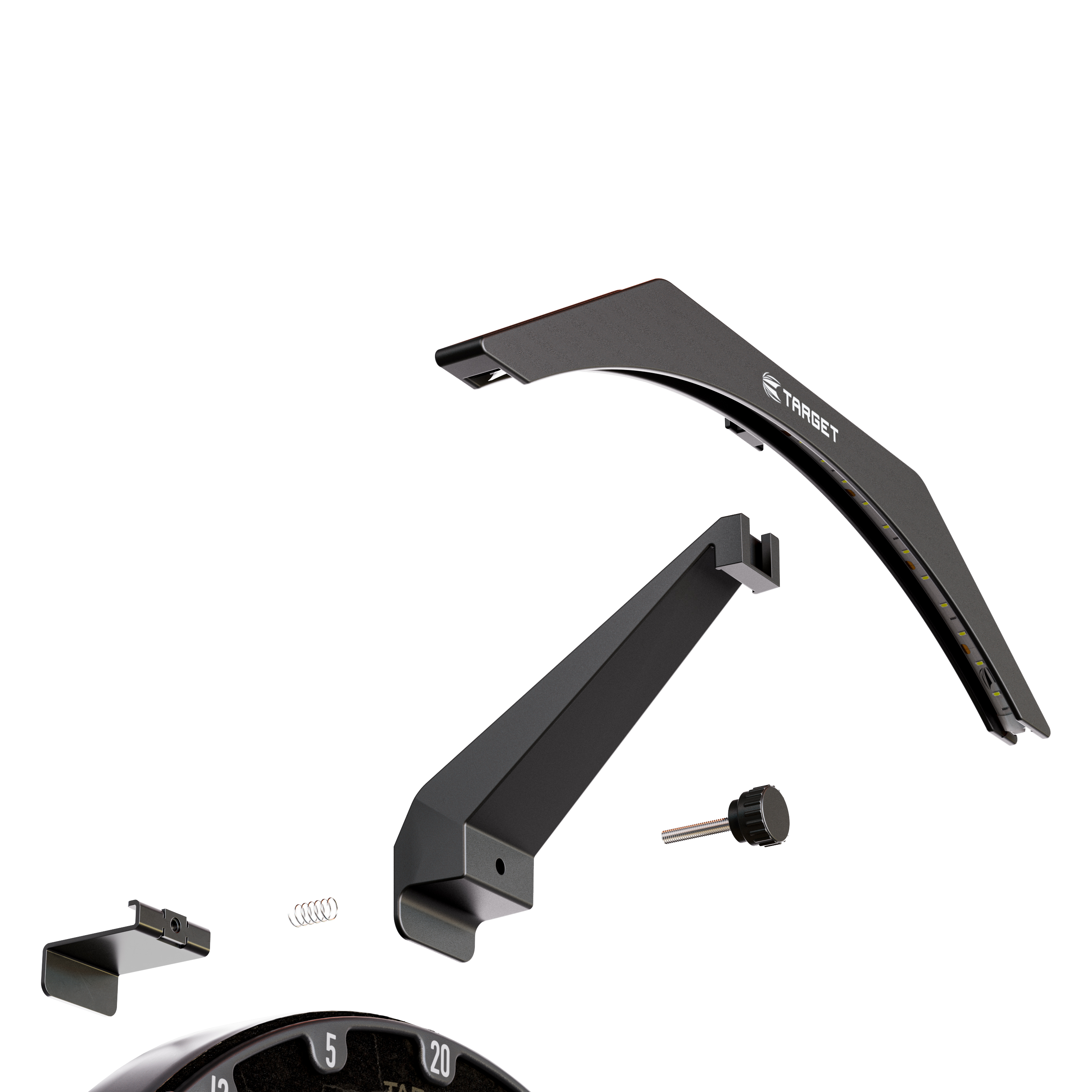 Éclairage pour cible de fléchettes Target ARC V2 Das Bild zeigt die einzelnen Teile des Produkts „Target ARC V2 Dartboard Beleuchtung“. Die Bauteile sind übersichtlich dargestellt und werden später zu einer Beleuchtung für ein Dartboard zusammengesetzt.