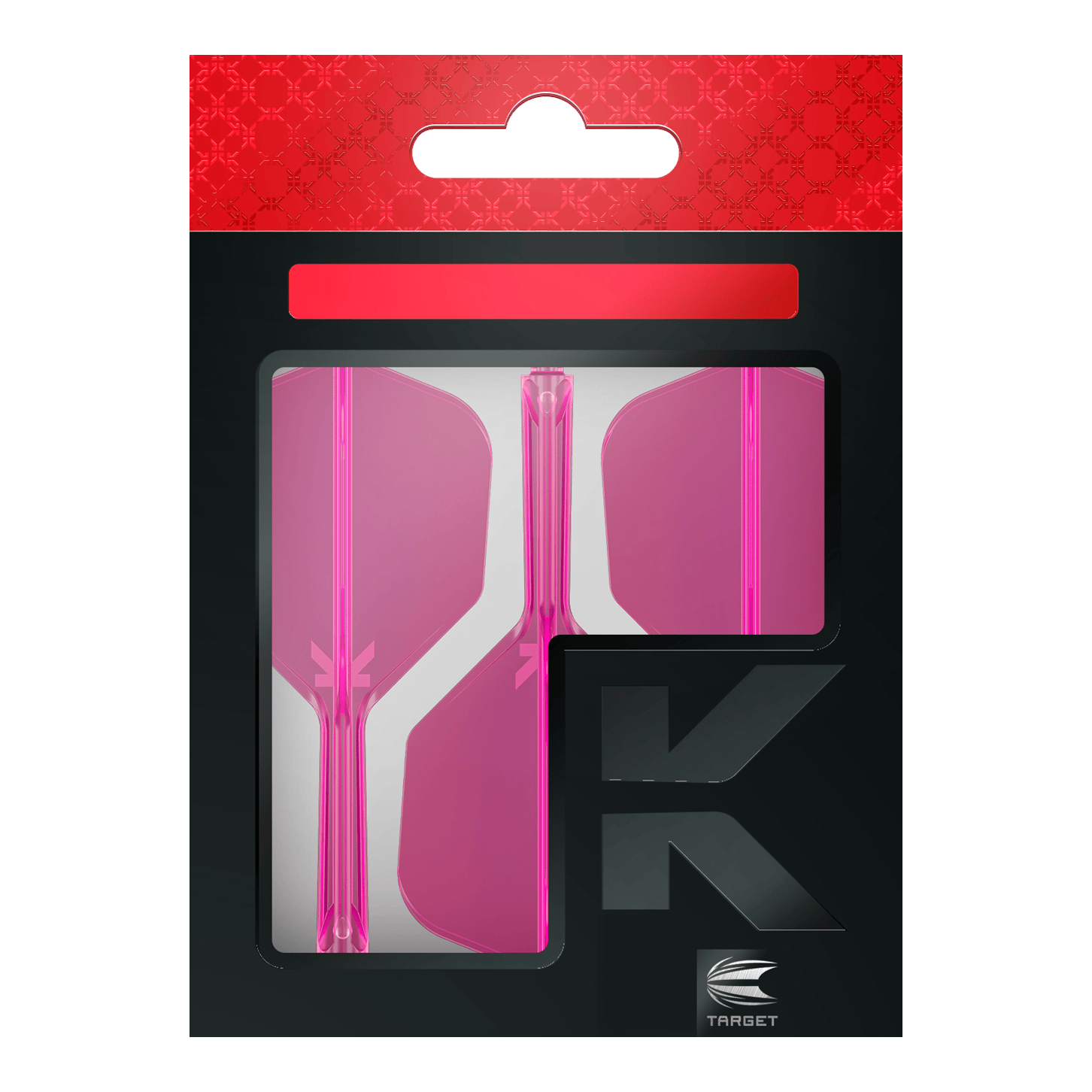 Système de vol Target K-Flex No6 - Rose fluo Auf dem Bild ist eine Verpackung mit drei pinken Dartflights zu sehen. Die Verpackung ist schwarz mit einem roten oberen Rand und dem Markenlogo "Target" unten rechts.