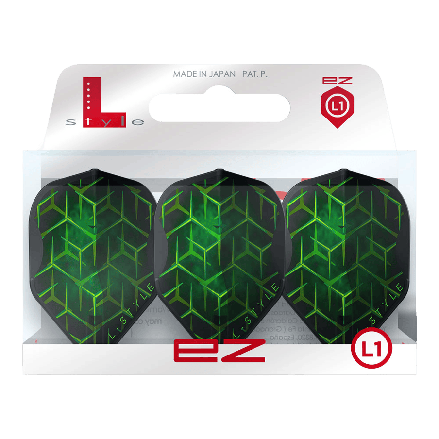Ailettes L-L-Styleukas Wenig V1 noires L1EZ Zwei L-Style Lukas Wenig V1 Black L1EZ Flights liegen nebeneinander auf weißem Hintergrund. Die Flächen- und Kantengeometrie wird dargestellt.