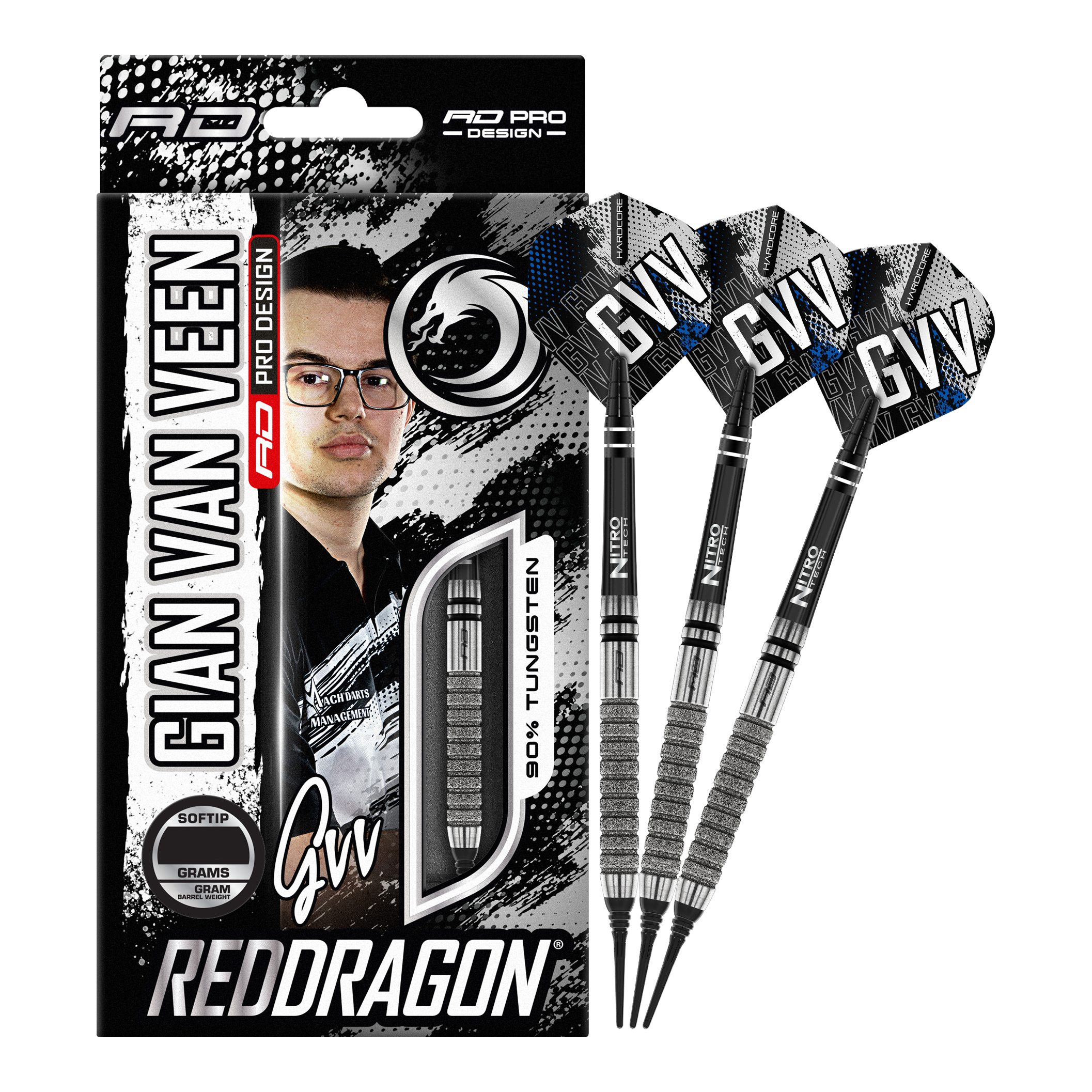 Fléchettes souples Red Dragon Gian Van Veen Tour Edition - 20 g Das Bild zeigt die "Red Dragon Gian Van Veen Tour Edition Softdarts - 20g" mit Verpackung und drei Darts. Auf der Verpackung ist ein Porträt von Gian Van Veen sowie die Produktinformationen zu sehen.