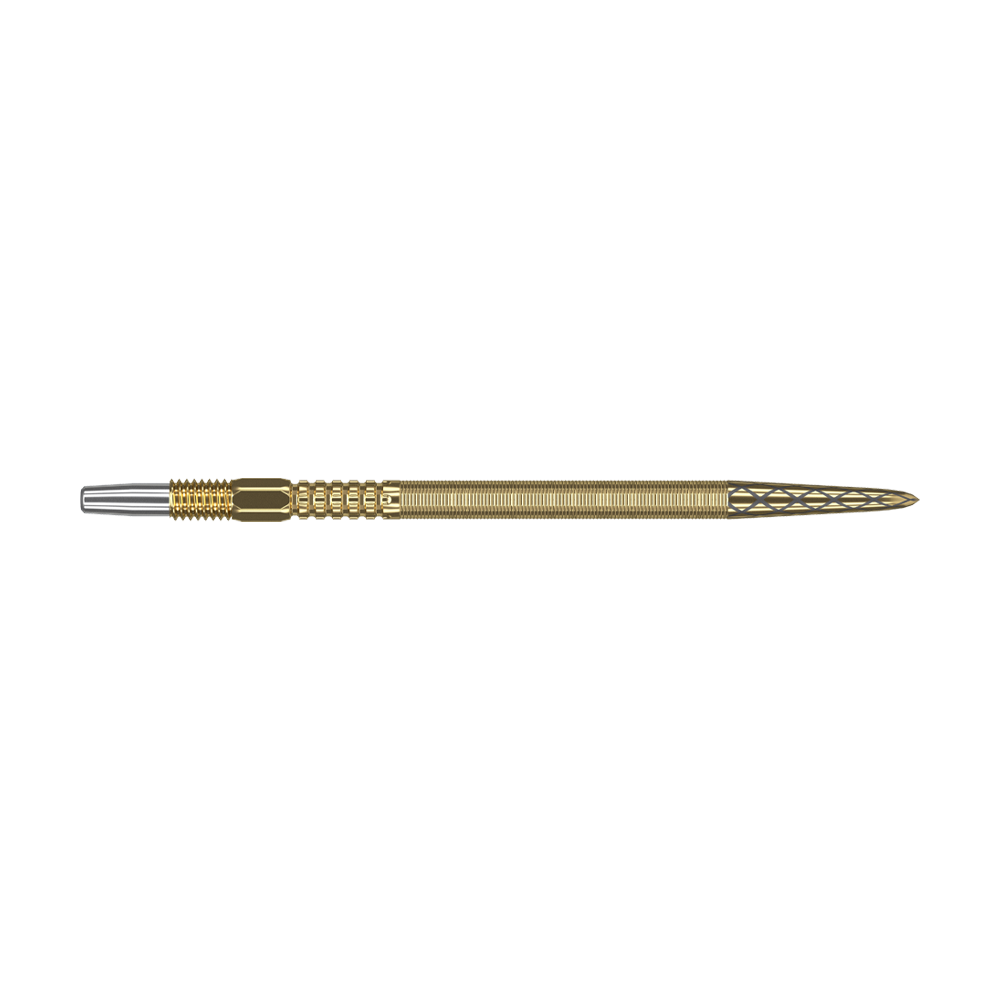 Pointes de fléchettes Target Swiss Point DX - or Das Bild zeigt eine goldene Dartspitze mit feinen Rillen und detailliertem Muster. Sie hat am Ende eine silberne Metallspitze.