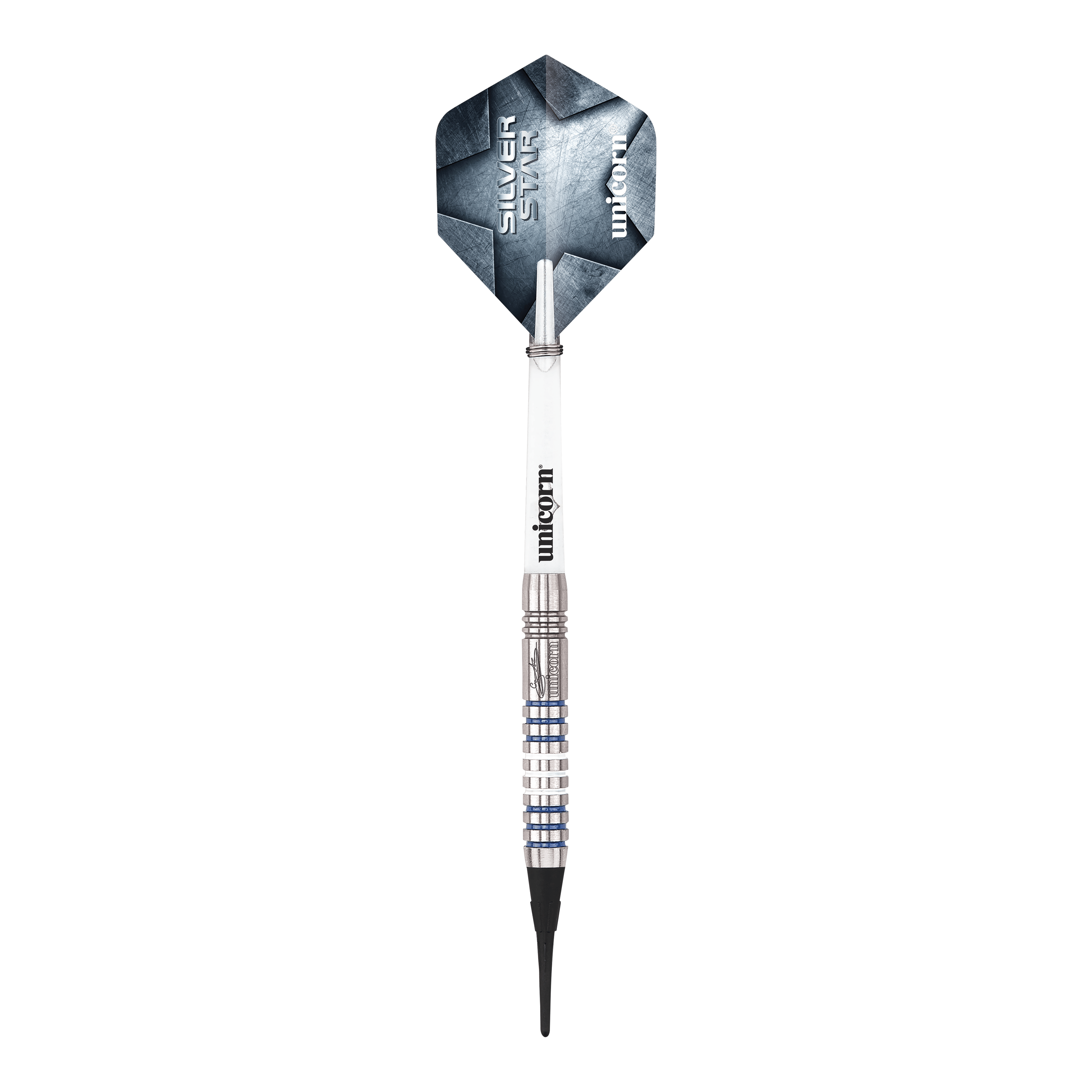 Fléchettes souples Unicorn Silver Star Var.3 Gary Anderson Hier sind die Unicorn Silver Star Var.3 Gary Anderson Softdarts zu sehen. Die silbernen Dartpfeile sind detailliert abgebildet.