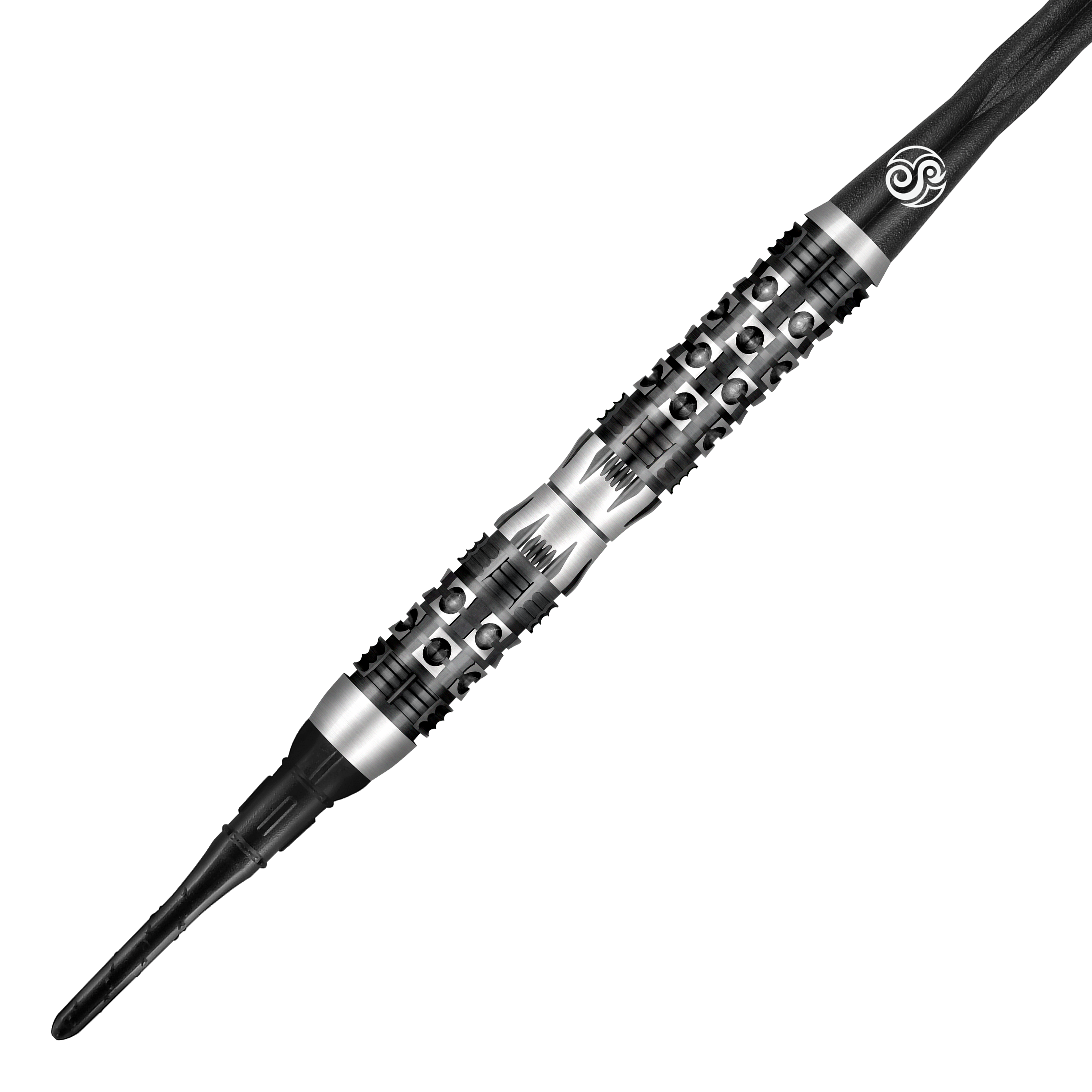 Fléchettes souples Shot Viking Wolf - 20 g Auf dem Bild ist der "Shot Viking Wolf Softdart - 20g" zu sehen. Der Dartpfeil hat ein markantes, silber-schwarzes Design mit auffälligen Griffmulden und einer robusten Spitze.