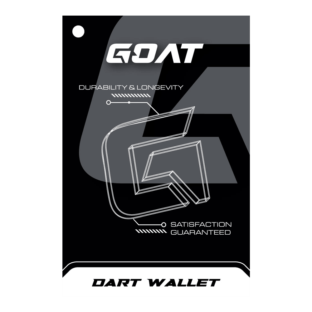 Portefeuille à fléchettes GOAT Locker XXL Das Bild zeigt die Verpackung des Produkts "GOAT Locker S Dartwallet". Es hebt die Eigenschaften Langlebigkeit und Zufriedenheit hervor.
