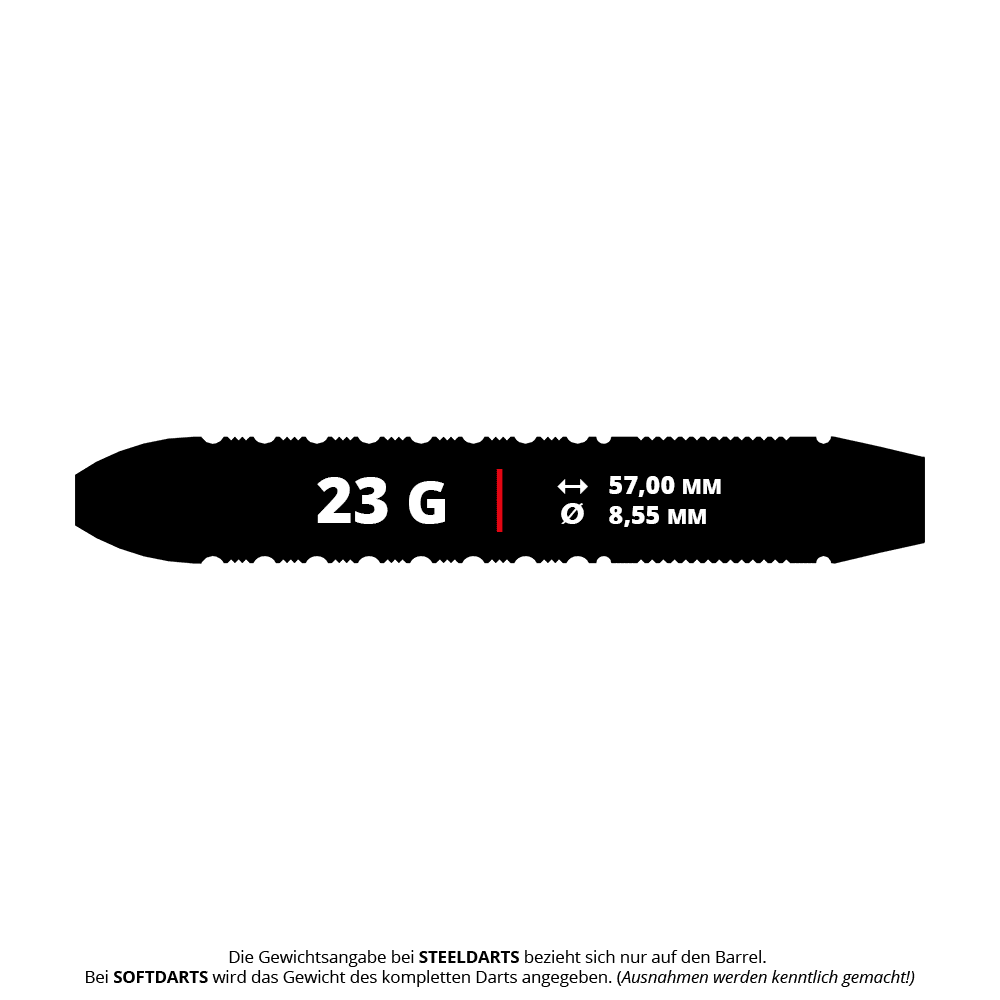 Fléchettes Bullet Toxic en laiton et acier - 23 g Das Bild zeigt die Bullet Toxic Brass Steeldarts - 23g. Diese Darts bestehen aus Messing und wiegen jeweils 23 Gramm.