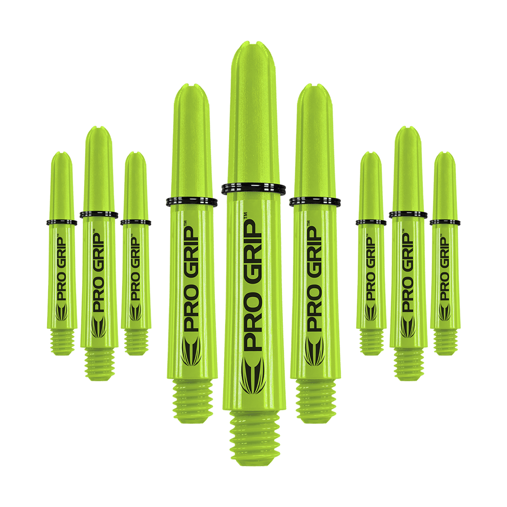 Tiges Target Pro Grip - 3 jeux - Vert citron Auf dem Bild sind mehrere limegrüne Pro Grip Dartschäfte zu sehen. Sie sind in drei Sets angeordnet und tragen die Aufschrift "PRO GRIP".