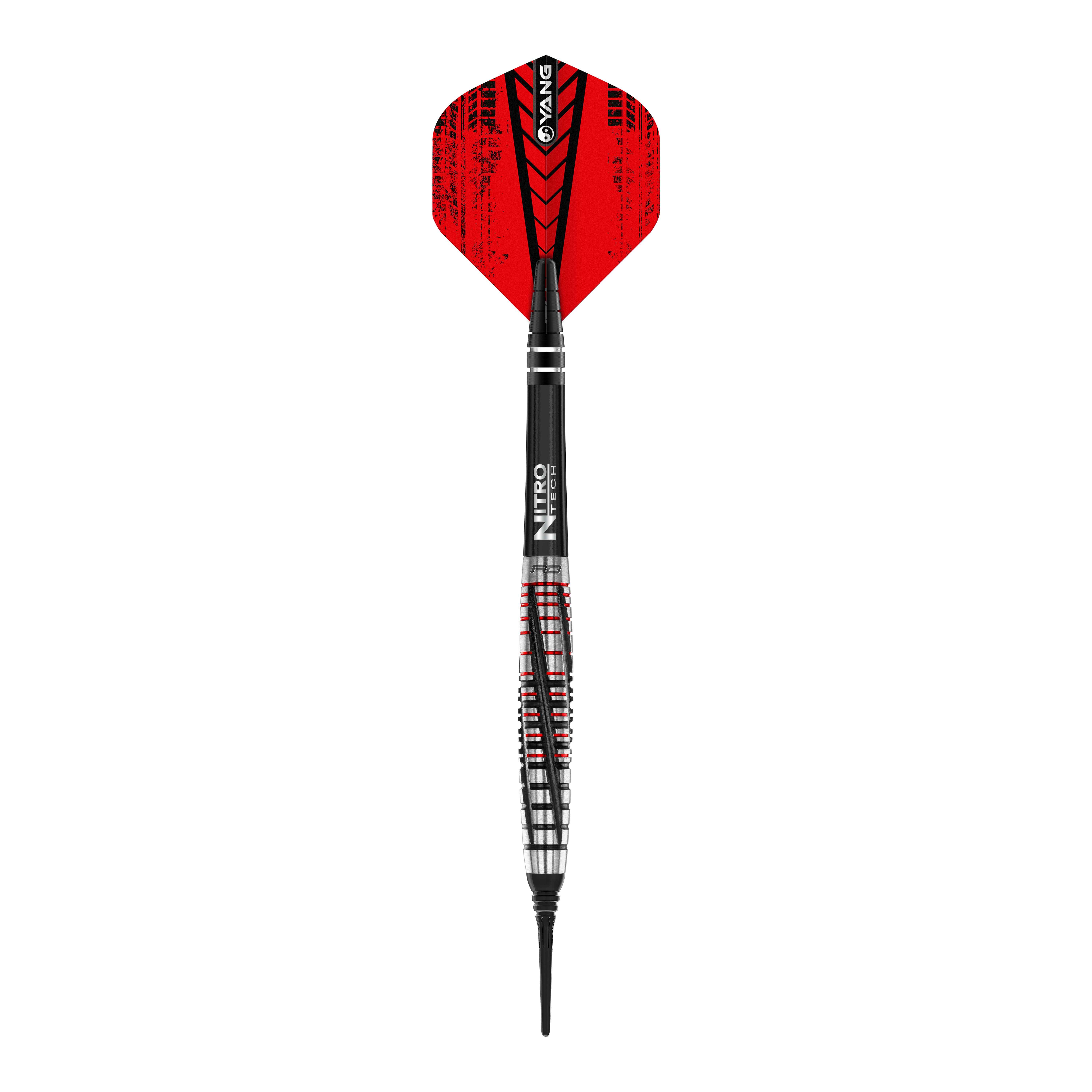 Fléchettes souples Red Dragon Rifle - 20 g Das Bild zeigt einen Red Dragon Rifle Softdart mit einem Gewicht von 20 Gramm. Der Dartpfeil hat rote Flights und ein schwarz-silbernes Barrel mit roten Akzenten.