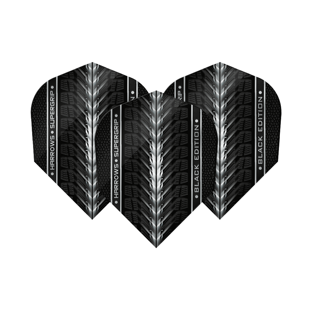 Ailettes Harrows Supergrip Black Edition n°6 Das Bild zeigt die "Harrows Supergrip Black-Edition No6 Flights" in einem schwarzen Design mit silbernen Akzenten. Die Flights haben eine strukturierte Oberfläche und den Schriftzug "Harrows Supergrip Black Edition".