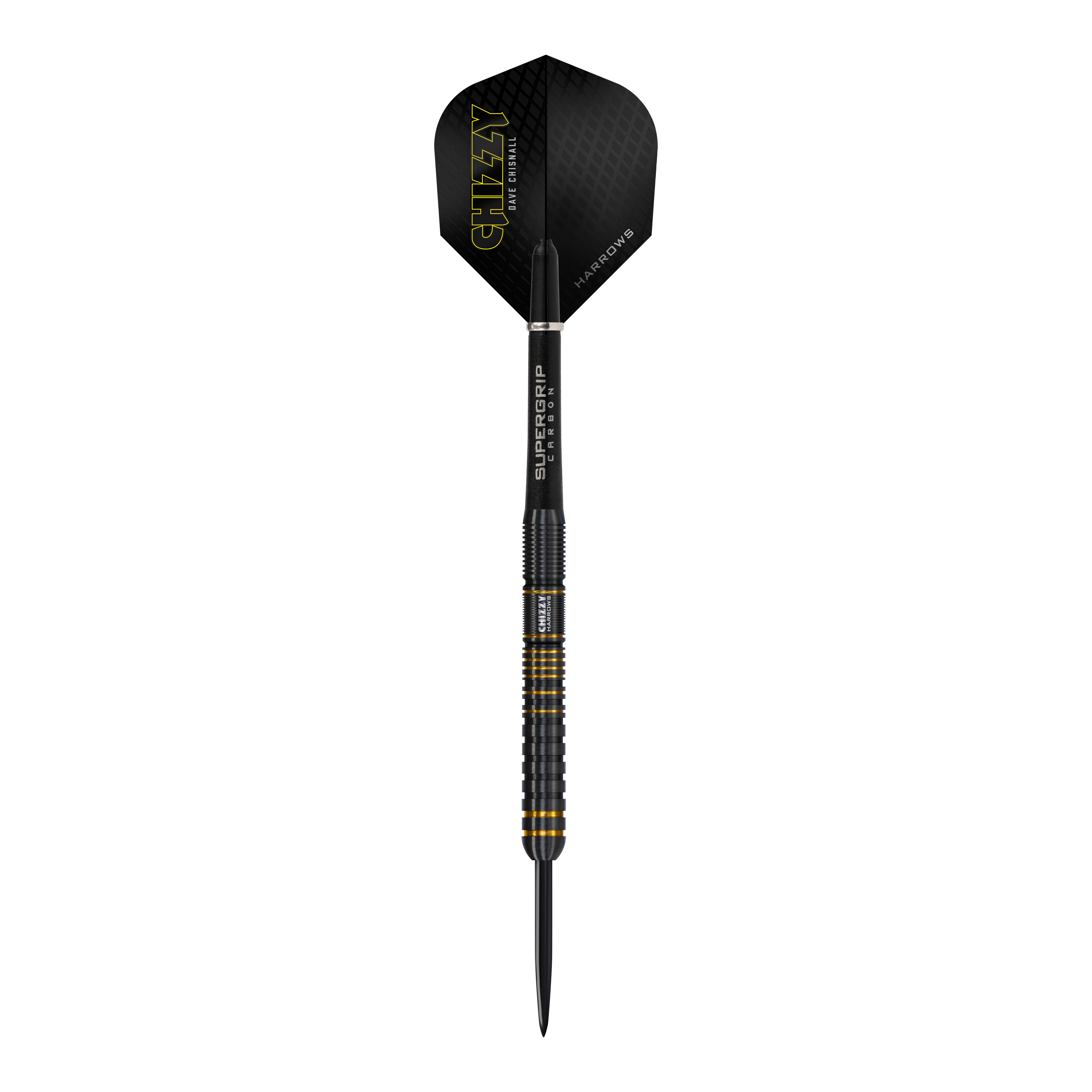 Fléchettes en acier Dave Chisnall Chizzy Series 3 de Harrow Das Bild zeigt den Harrows Dave Chisnall Chizzy Series 3 Steeldart. Der Dart ist schwarz mit gelben Akzenten und hat den Schriftzug "CHIZZY" auf dem Flight.