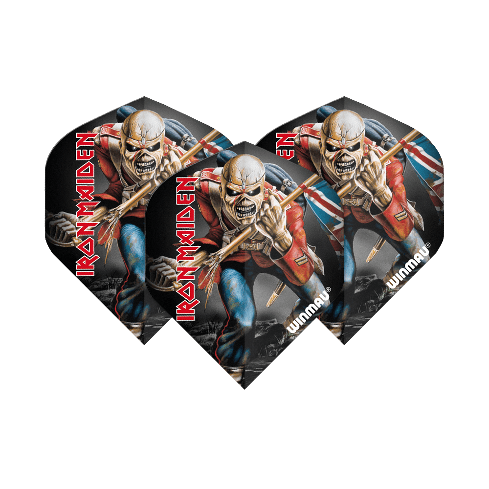 Auf dem Bild sind drei Dart-Flights zu sehen, die das Motiv von Eddie, dem Maskottchen der Band Iron Maiden, zeigen. Die Flights tragen die Aufschrift "IRON MAIDEN" und das Logo von Winmau.
