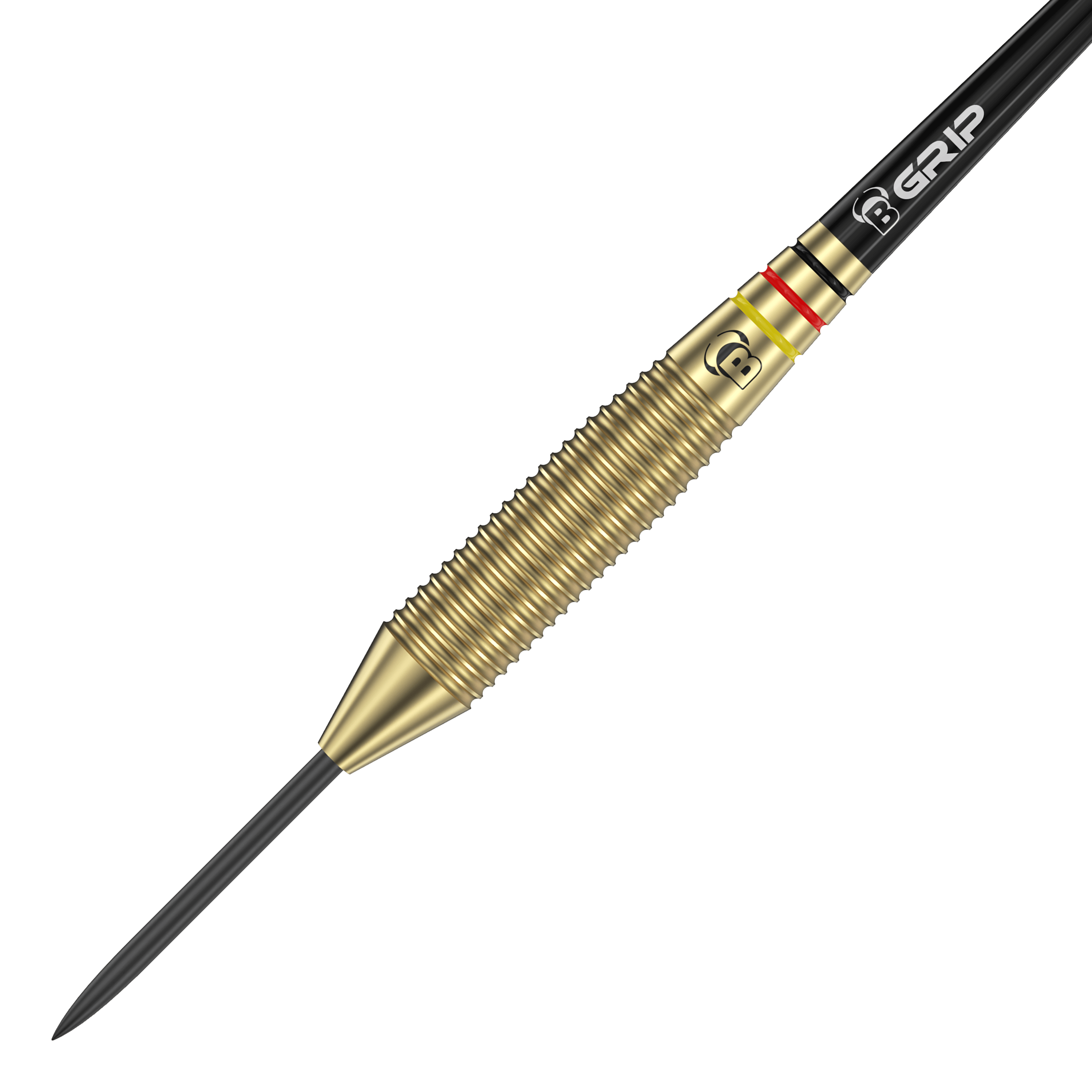 Auf dem Bild ist ein Bulls Martin Schindler The Wall Brass Steeldart zu sehen. Der Dart besitzt einen messingfarbenen, geriffelten Griffbereich und eine schwarze Spitze.