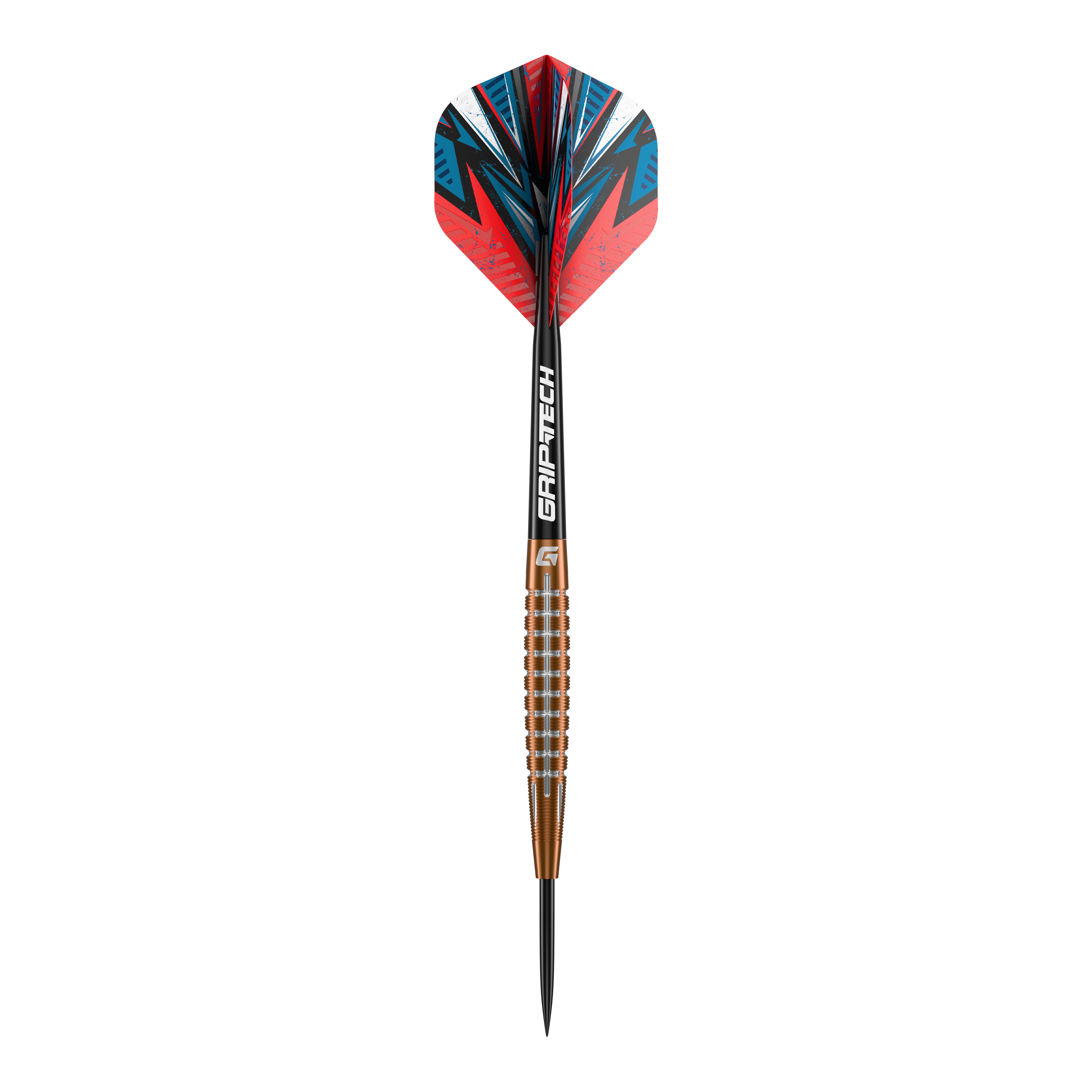 Fléchettes en acier tungstène GOAT Quarterback V1 Das Bild zeigt einen GOAT Quarterback V1 Tungsten Steeldart mit auffälligen roten und blauen Flights. Der Dart hat einen geriffelten, bronzefarbenen Schaft und eine schwarze Spitze.