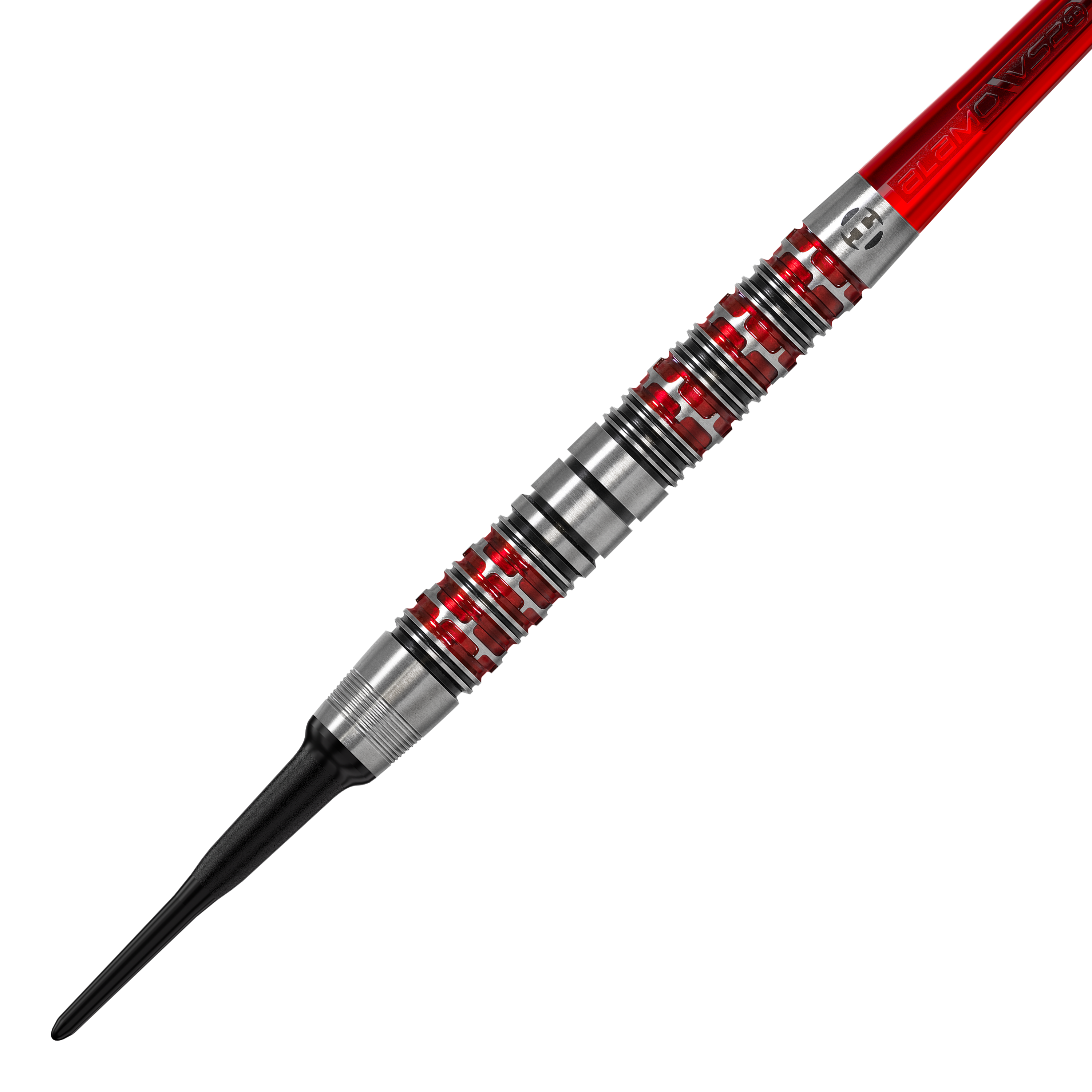 Fléchettes souples Damon Heta Series 3 de Harrow Dies ist ein Harrows Damon Heta Series 3 Softdart. Der Dartpfeil hat ein silbernes Griffstück mit roten Akzenten und einer schwarzen Spitze.