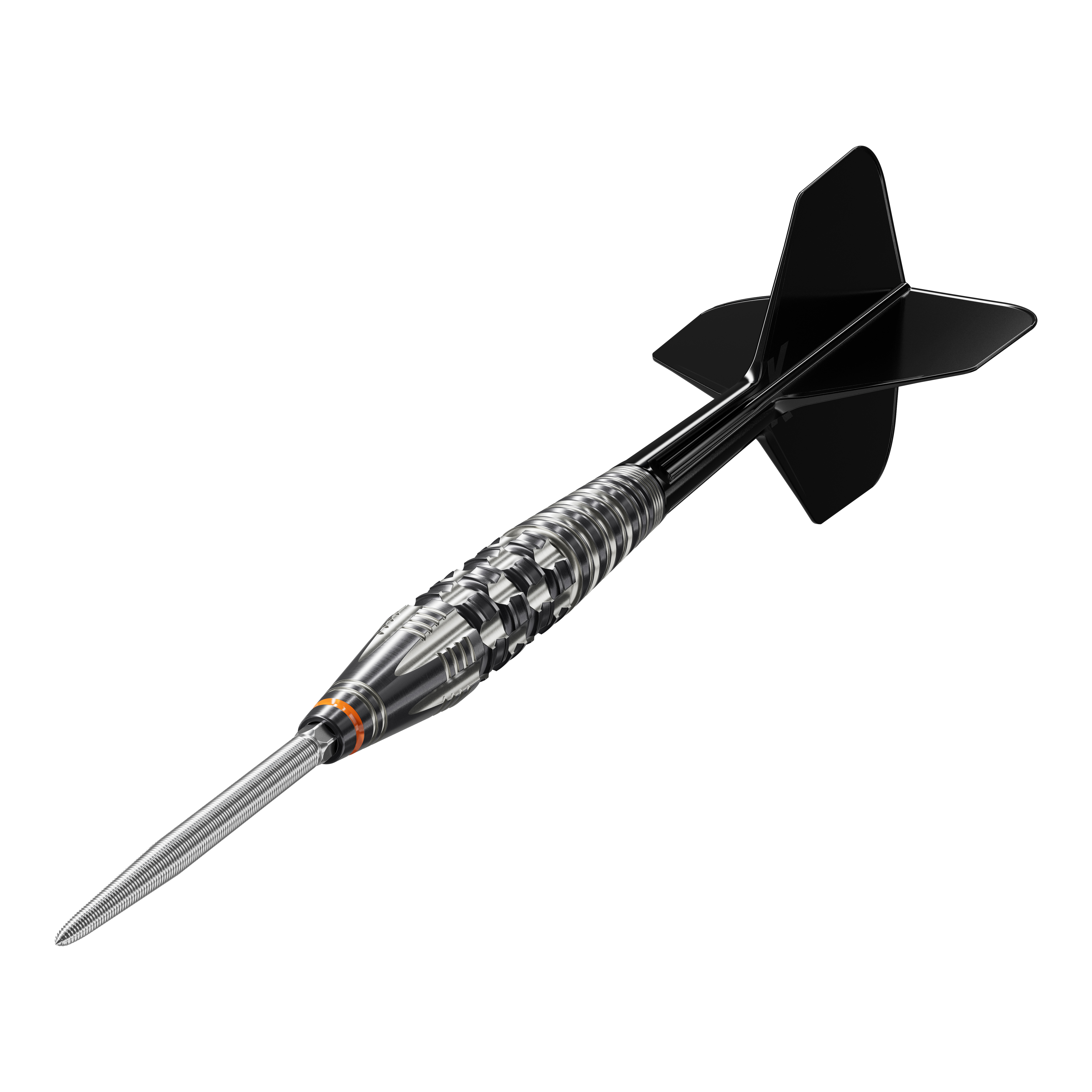 Das Bild zeigt einen Steeldartpfeil mit schwarzer Spitze und schwarzen Flights, genannt "Target Japan Black Marque Dancing Duck GEN 4 Steeldarts". Der Dartpfeil hat ein silbernes, glänzendes Griffstück mit feinen Rillen und Gravuren.
