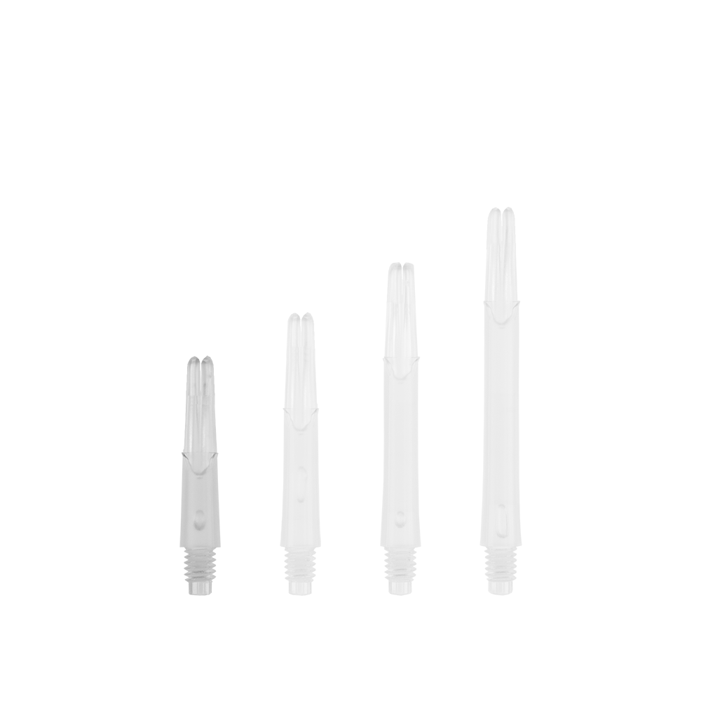 Das Bild zeigt vier durchsichtige, gerade Dartschäfte in unterschiedlichen Längen. Sie sind ohne Kappen nebeneinander angeordnet.