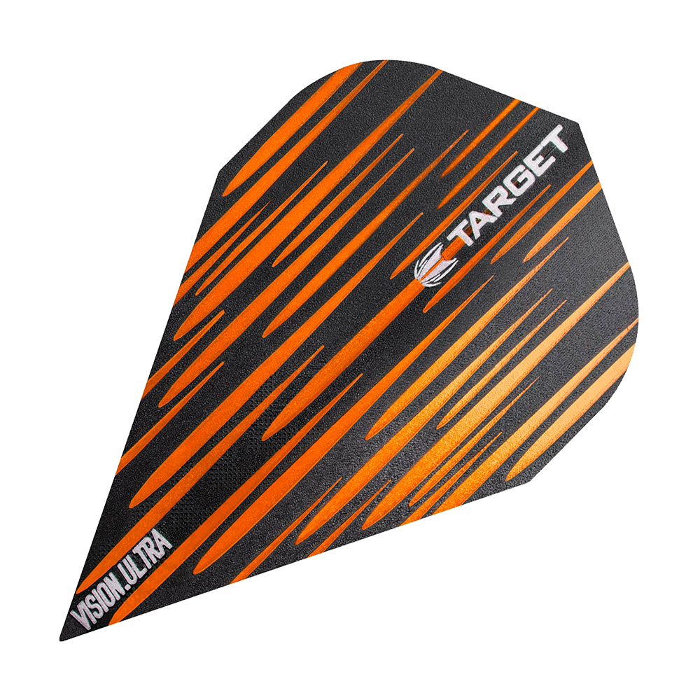 TG72_332380_Target_Vision_Ultra_Spectrum_Orange_Vapor_Flights_1zC4oRCsujUS8F Das Bild zeigt ein Dartflugblatt namens "Target Vision Ultra Spectrum Orange Vapor Flights". Es hat ein schwarzes Design mit auffälligen orangefarbenen Streifen und trägt den weißen Schriftzug "TARGET".