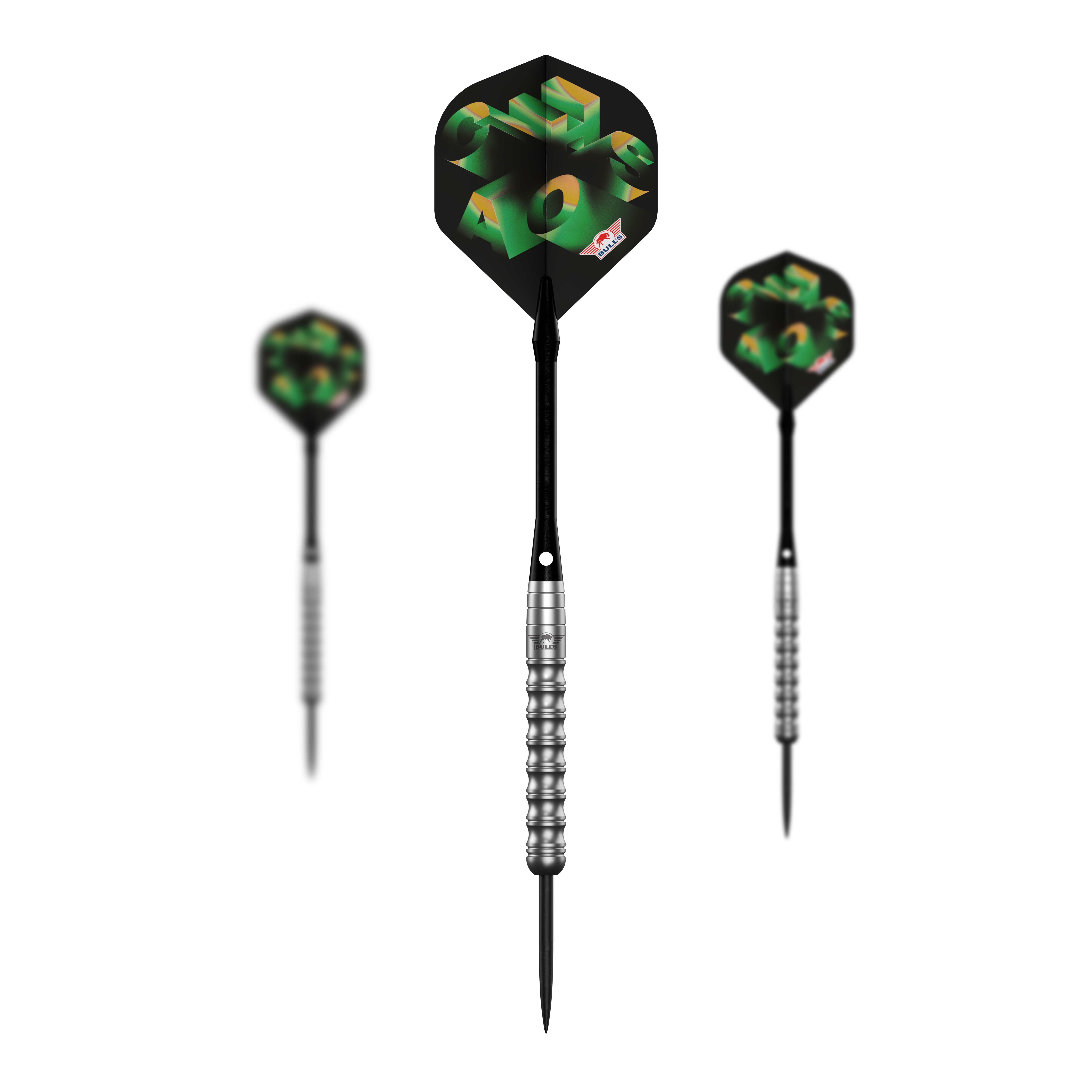Fléchettes Bulls NL Chaos Green Steel - 24 g Abgebildet ist das komplette Set der Bulls NL Chaos Green Steeldarts - 24g. Das Set enthält mehrere grüne Steeldarts.